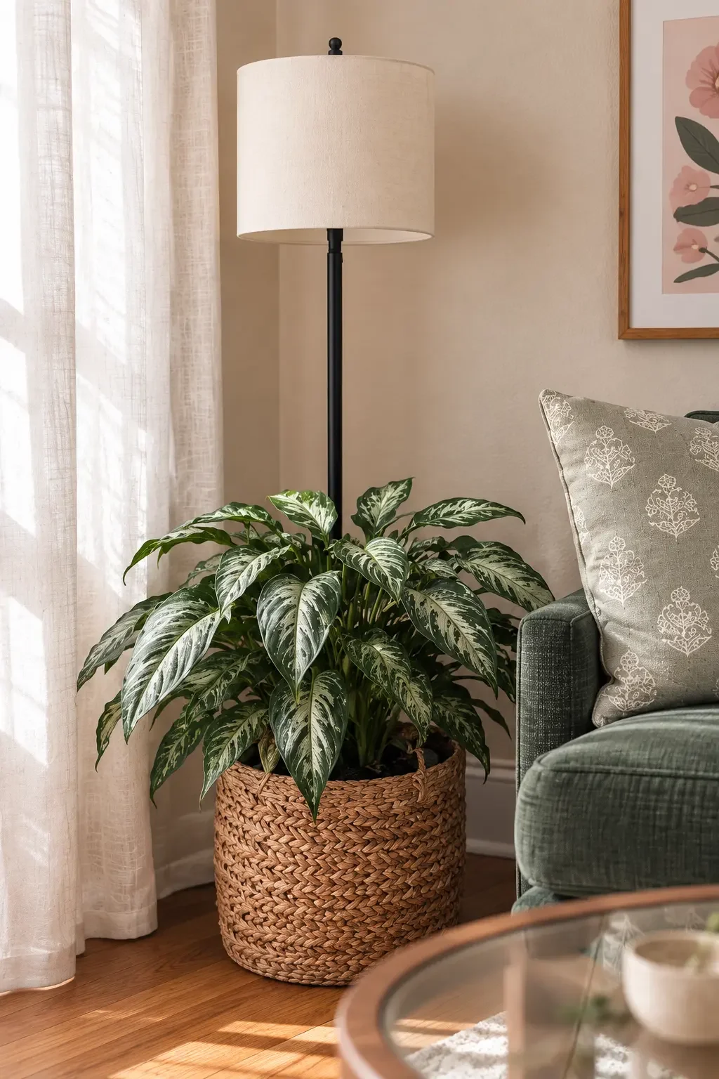 A houseplant with variegated green and white leaves in a woven basket, next to a floor lamp with a white shade and a beige wall with framed floral artwork.