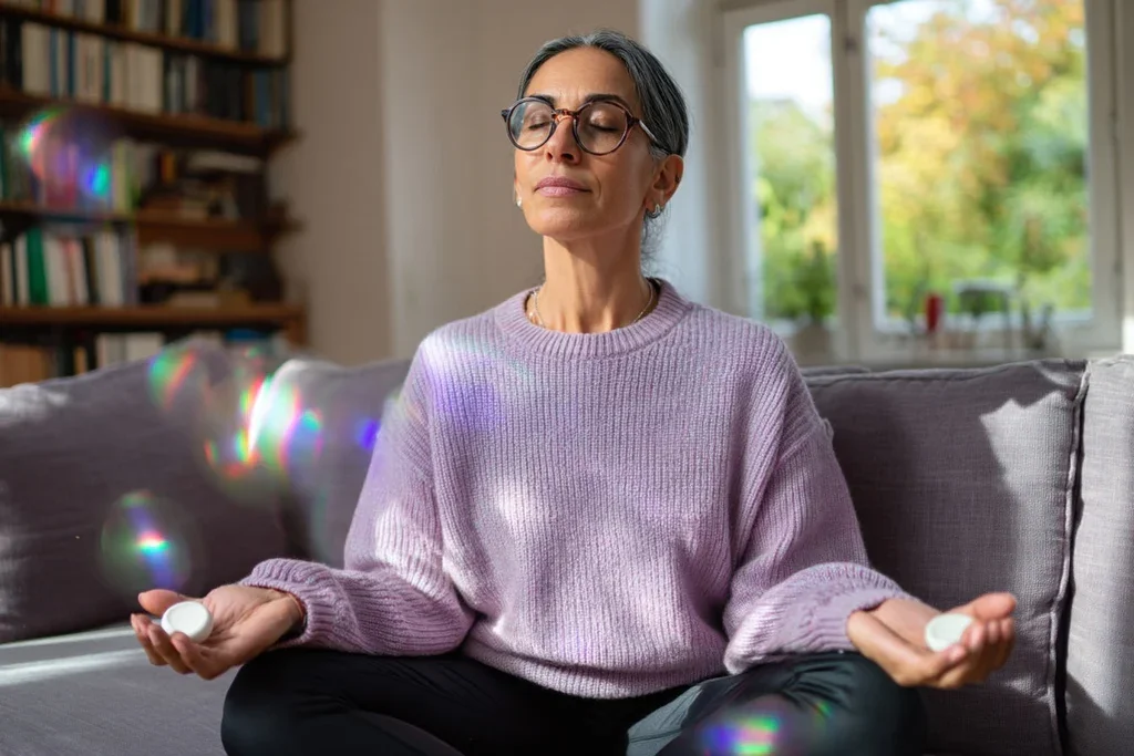 A middle-aged woman sitting cross-legged on a sofa, meditating with her eyes closed, holding her hands in a mudra, in a bright room with large windows and a bookshelf in the background.