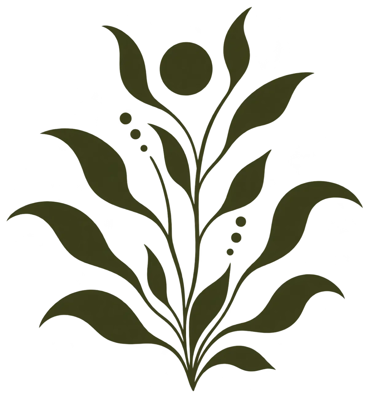 Silhouette of a plant with broad leaves and small round berries or buds.