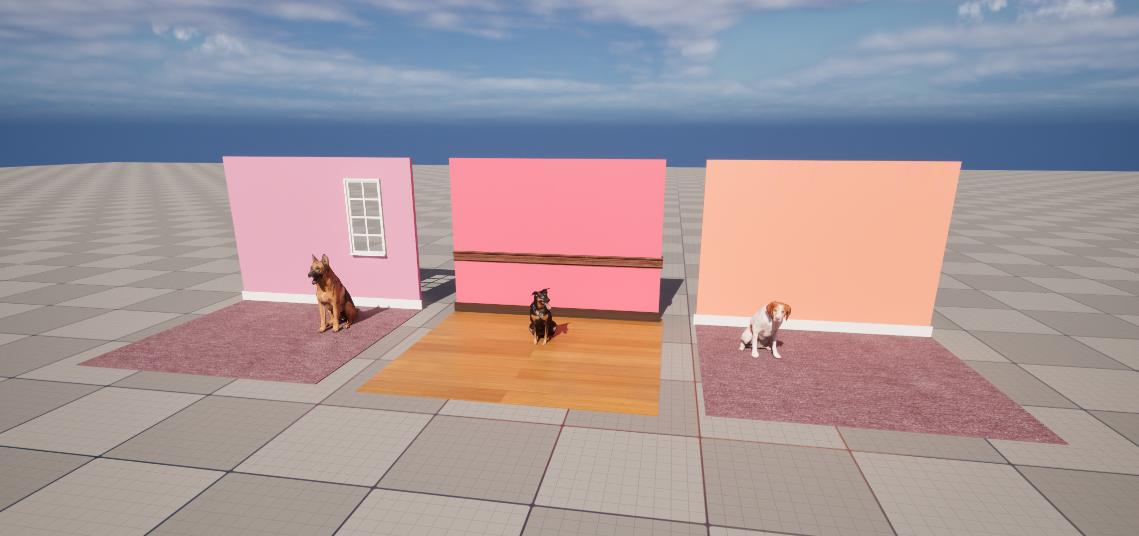Three rooms with pink walls and rugs, each with a different dog inside.