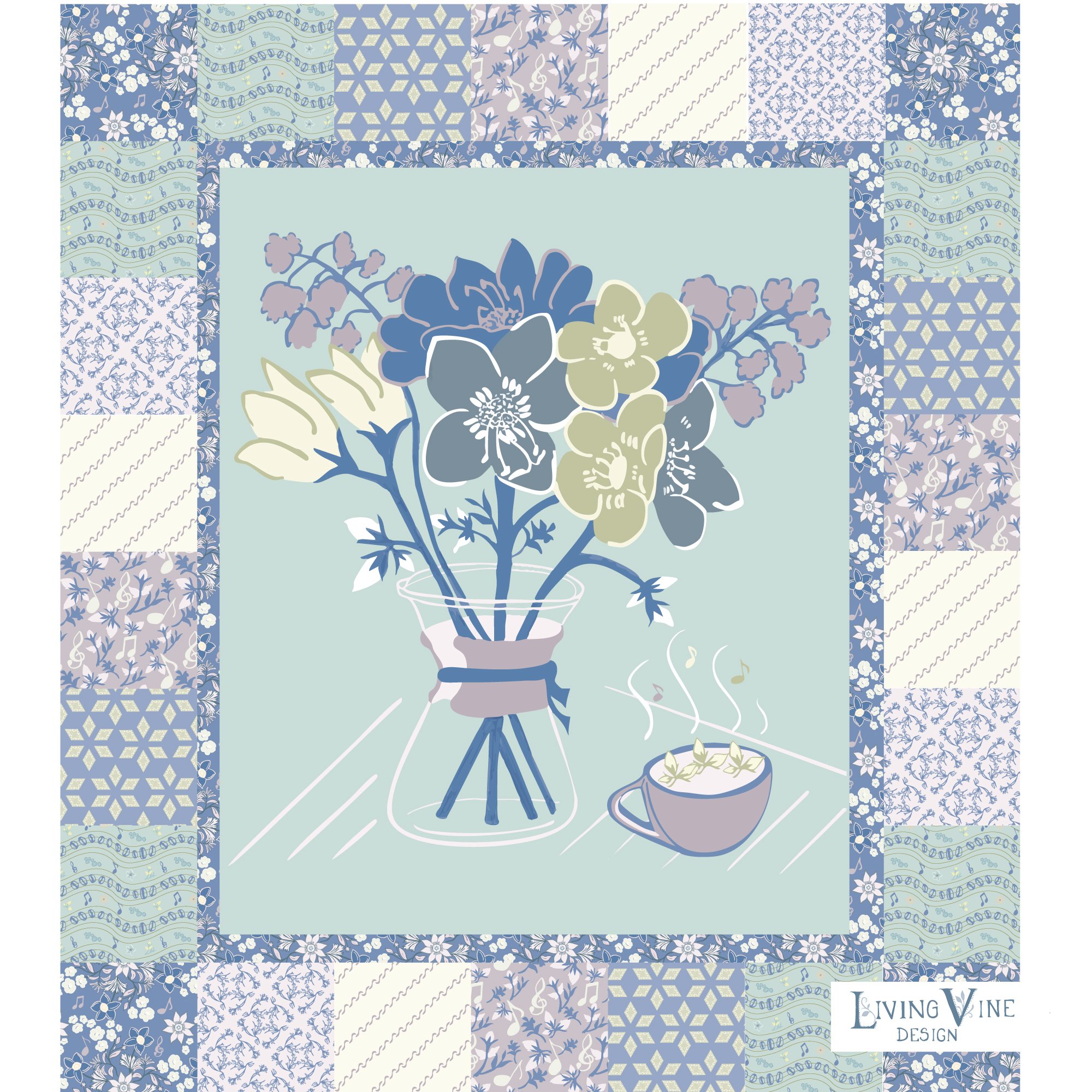 Fresh Coffee with Floral Notes - Quilt Panel (Hand-drawn) - Morning Colorway