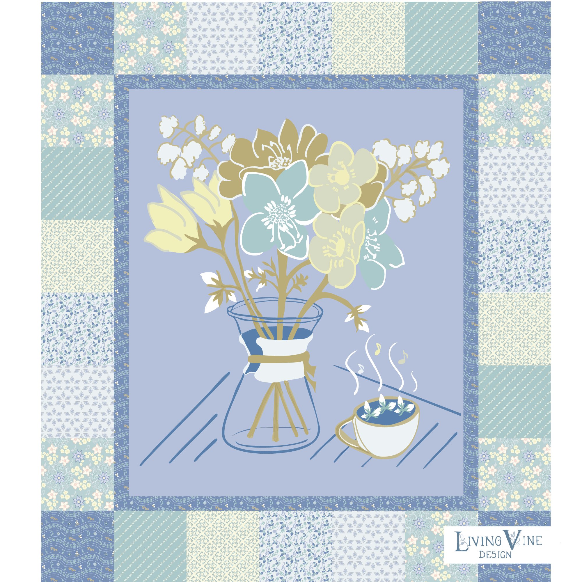 Fresh Coffee with Floral Notes - Quilt Panel (Hand-drawn) - Afternoon Colorway