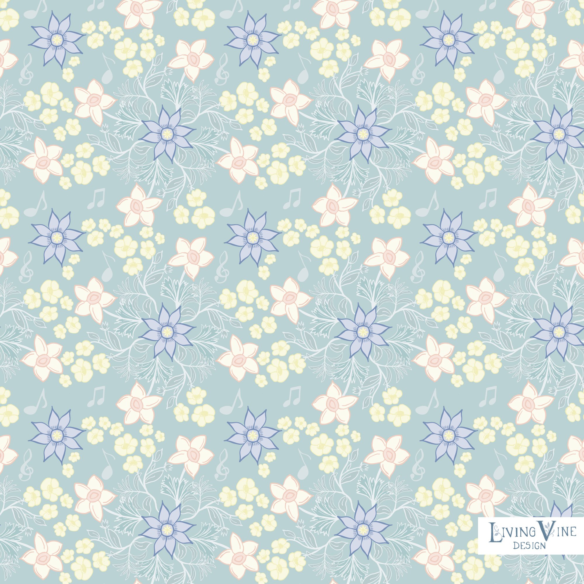 Abounding Floral Notes - Music notes Flowers and Foliage - Afternoon Colorway