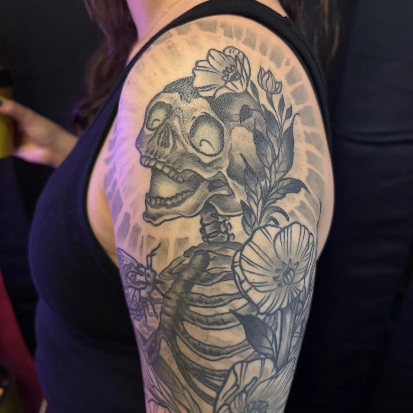 A sleeve for Katherine to celebrate/commemorate feminist rage, reproductive freedom, bodily autonomy &amp; nature🌬🔥💀 

#femininerage #blackandgreytattoo #bodilyautonomy #seattletattooshop #ballard