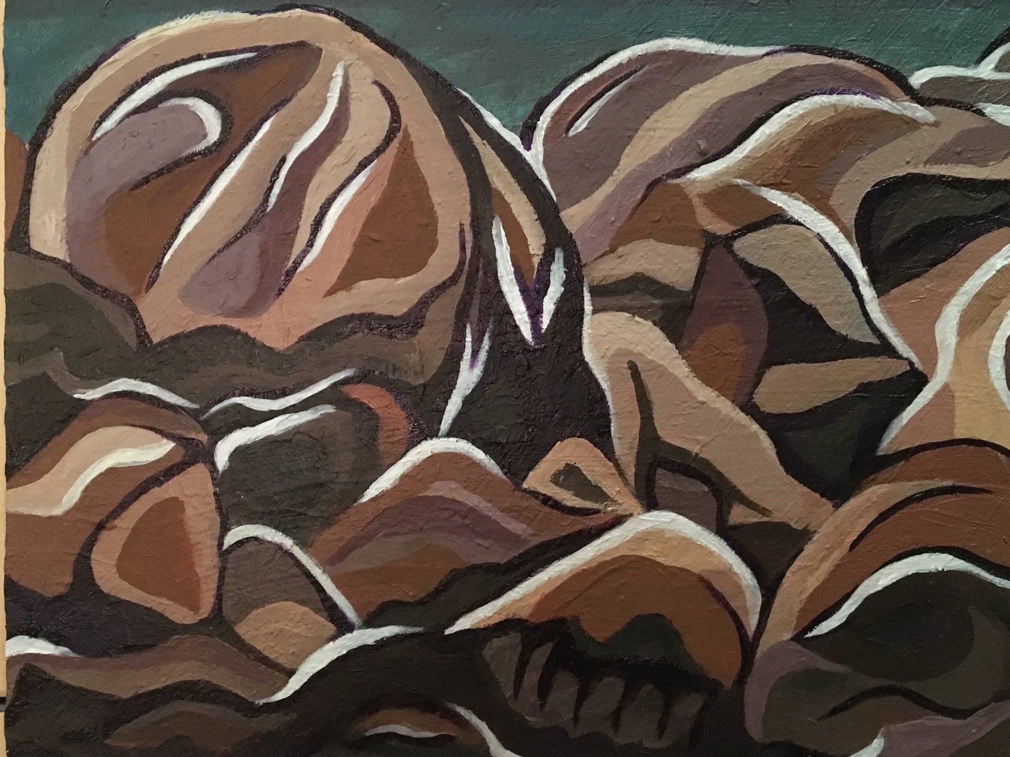 Abstract painting of rocks in earthy tones with black and white outlines.