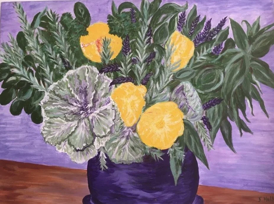 A still life painting of a bouquet of yellow round flowers and green foliage in a dark purple vase on a wooden surface, with a purple background.