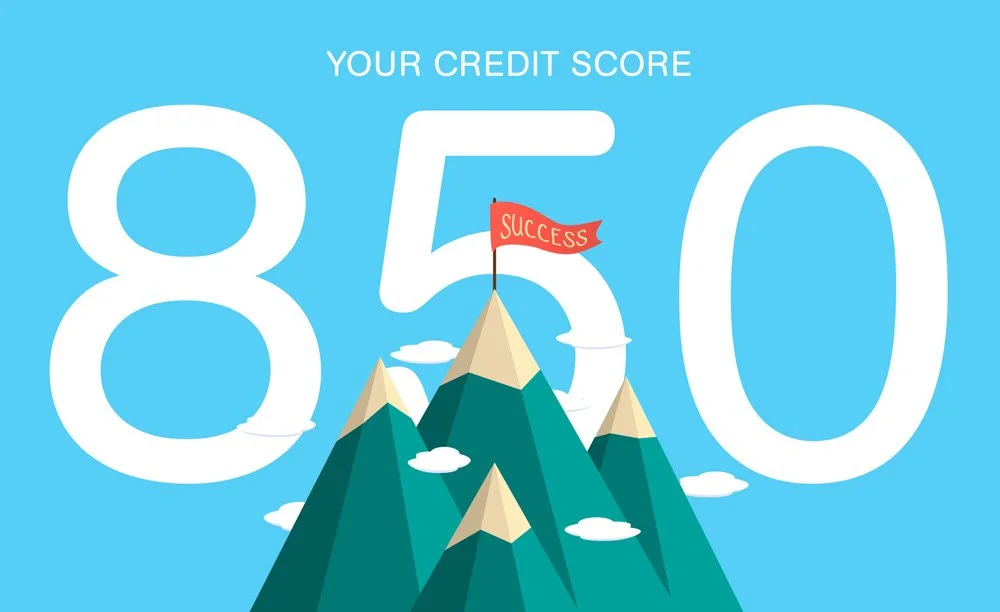 An illustration of mountains with a flag that says "Success" at the top, and a large number 850 with the text "Your Credit Score" above it. The background is light blue.