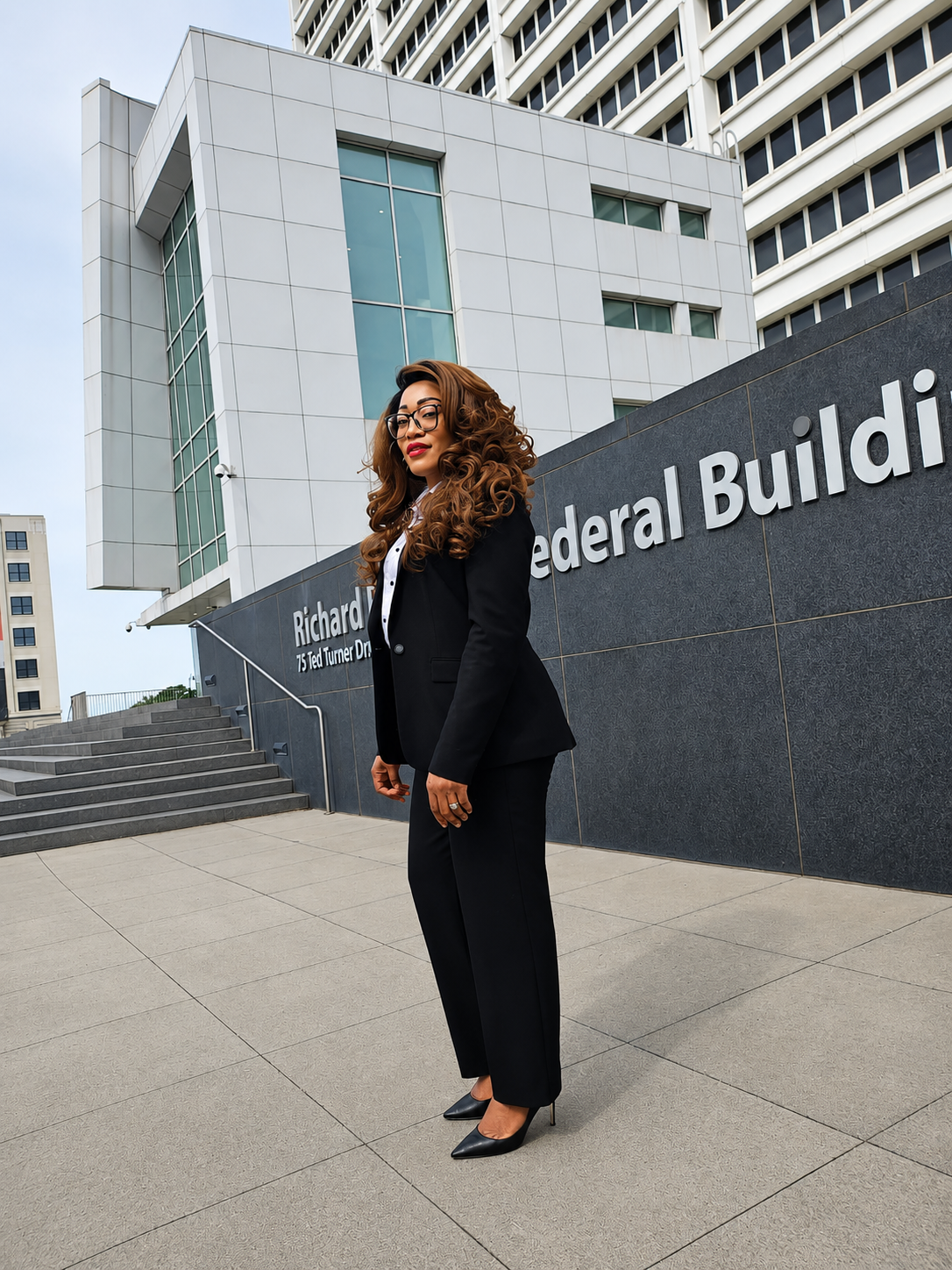 Attorney Sauve M. Sonkey outside the Richard M. Nixon Federal Building representing clients in federal court.