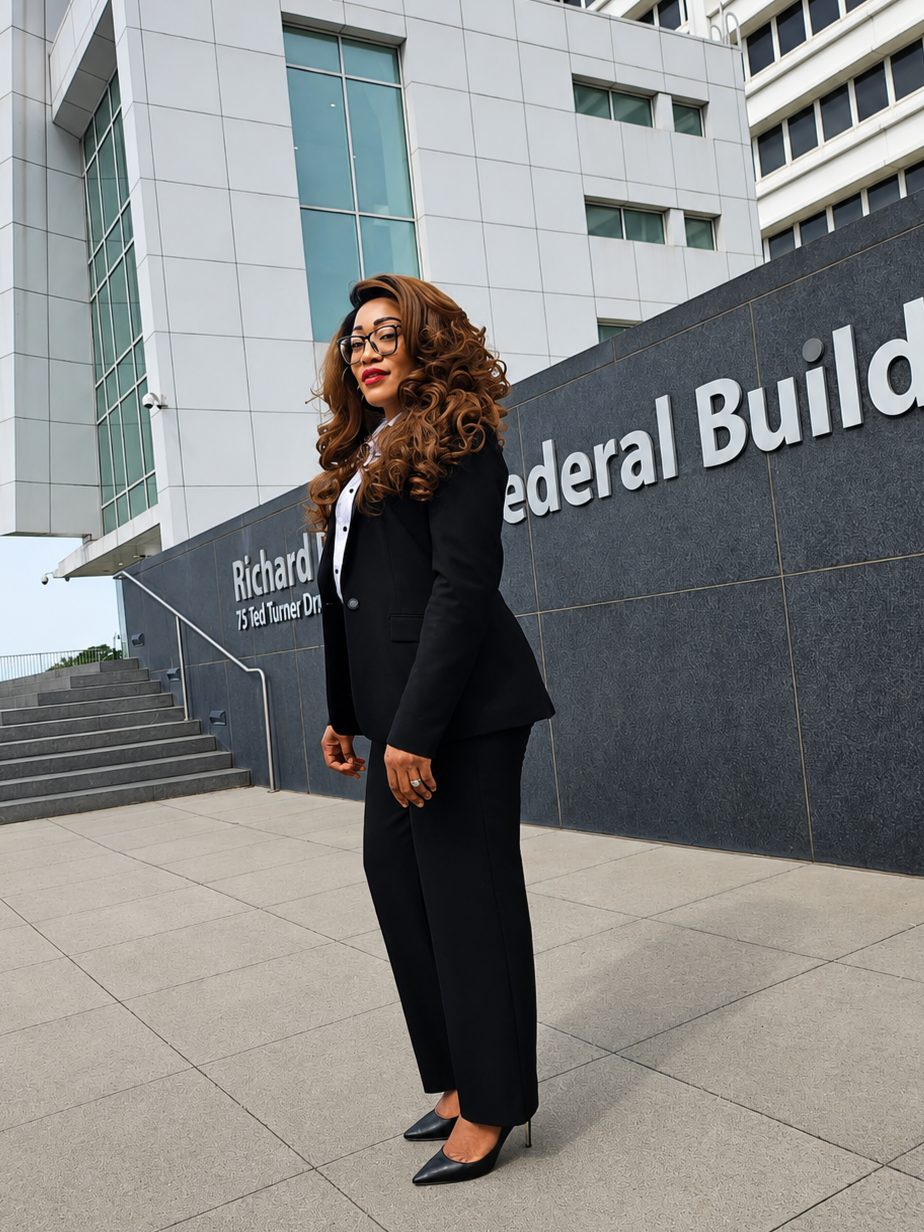 Attorney Sauve M. Sonkey outside the Richard M. Nixon Federal Building representing clients in federal court.