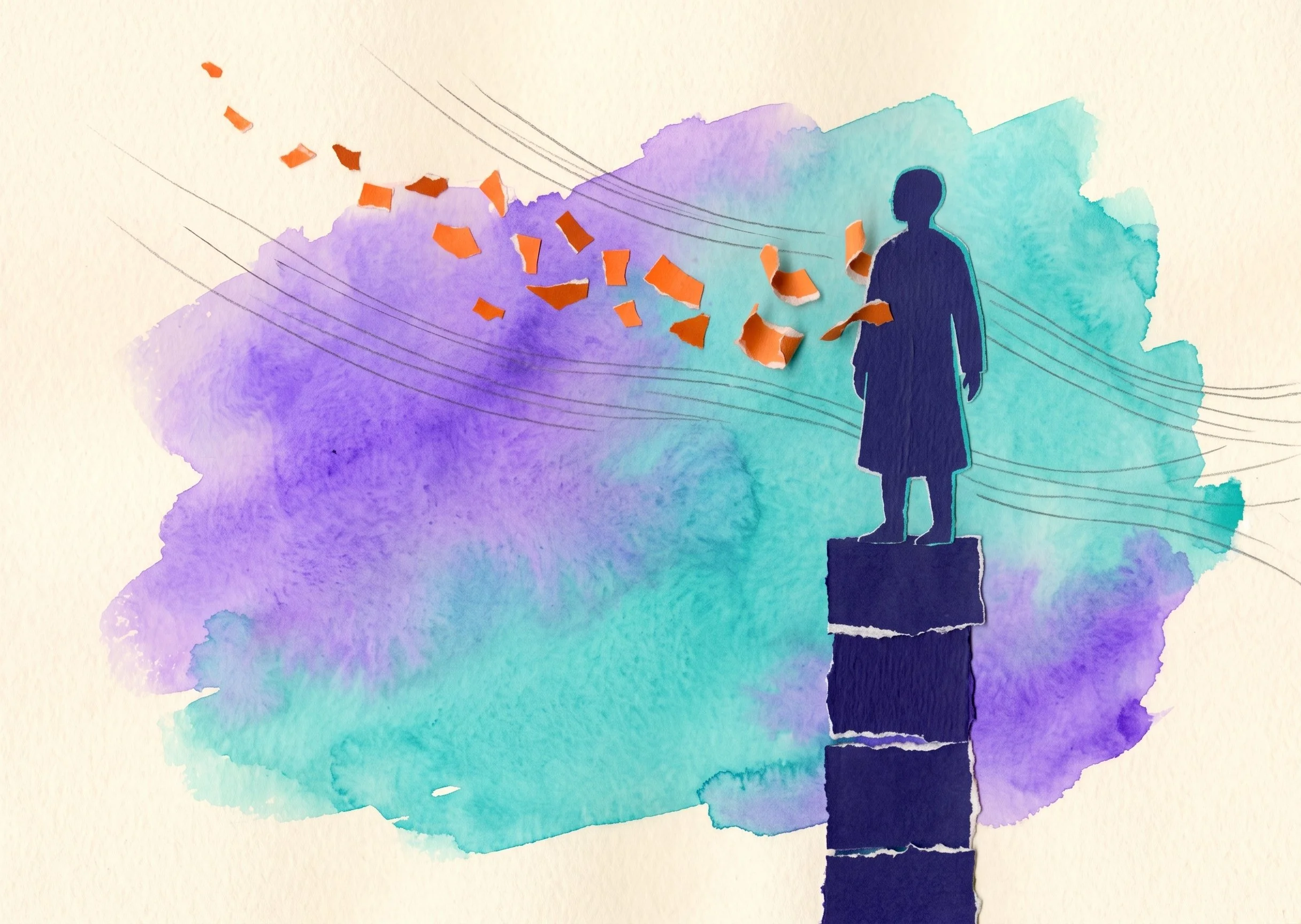 Watercolor of a figure on a tall stacked pillar, orange fragments blowing away from their chest in the wind