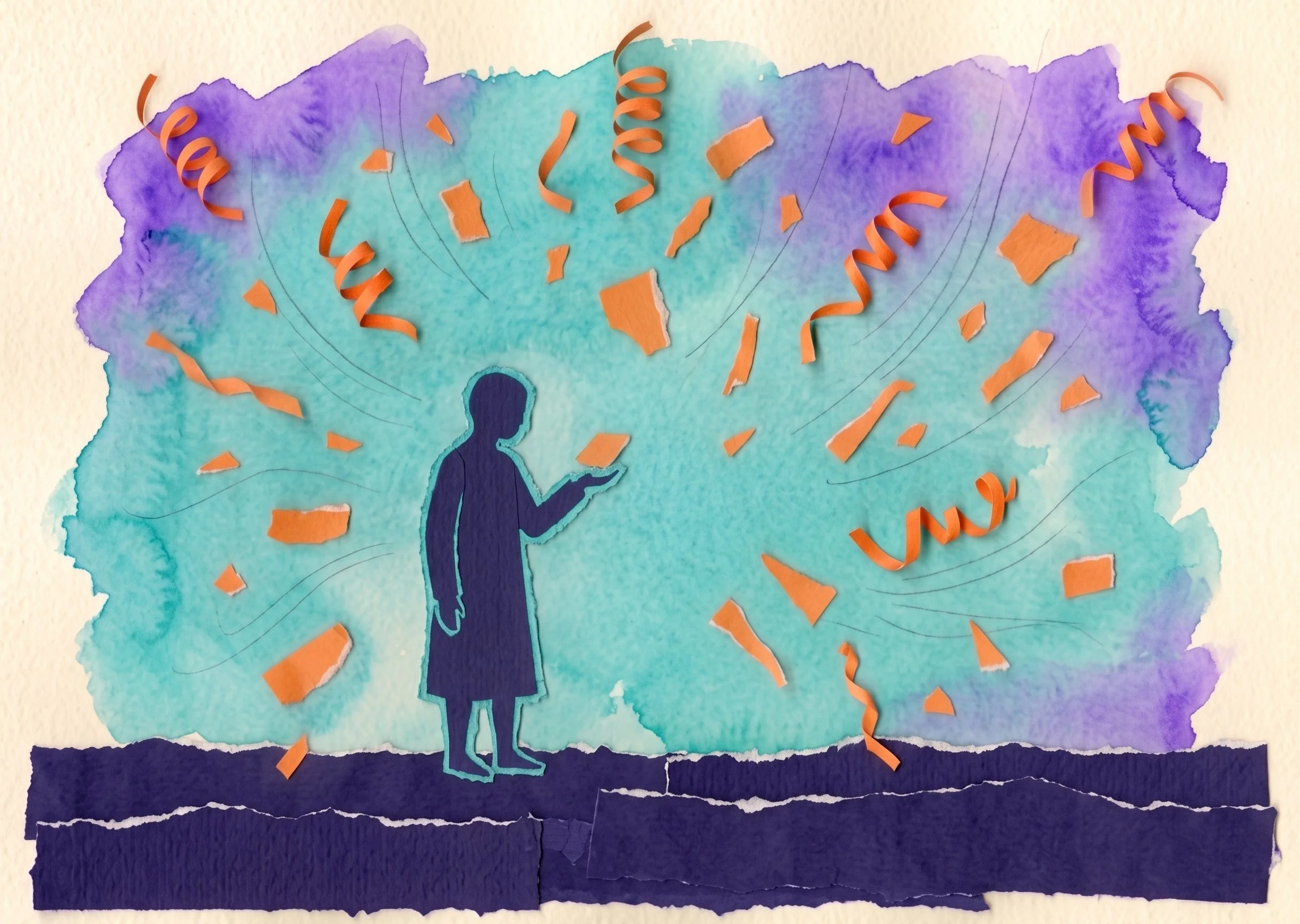 Watercolor of a lone figure standing still amid bursting orange confetti and streamers, looking down at a single scrap in their hand