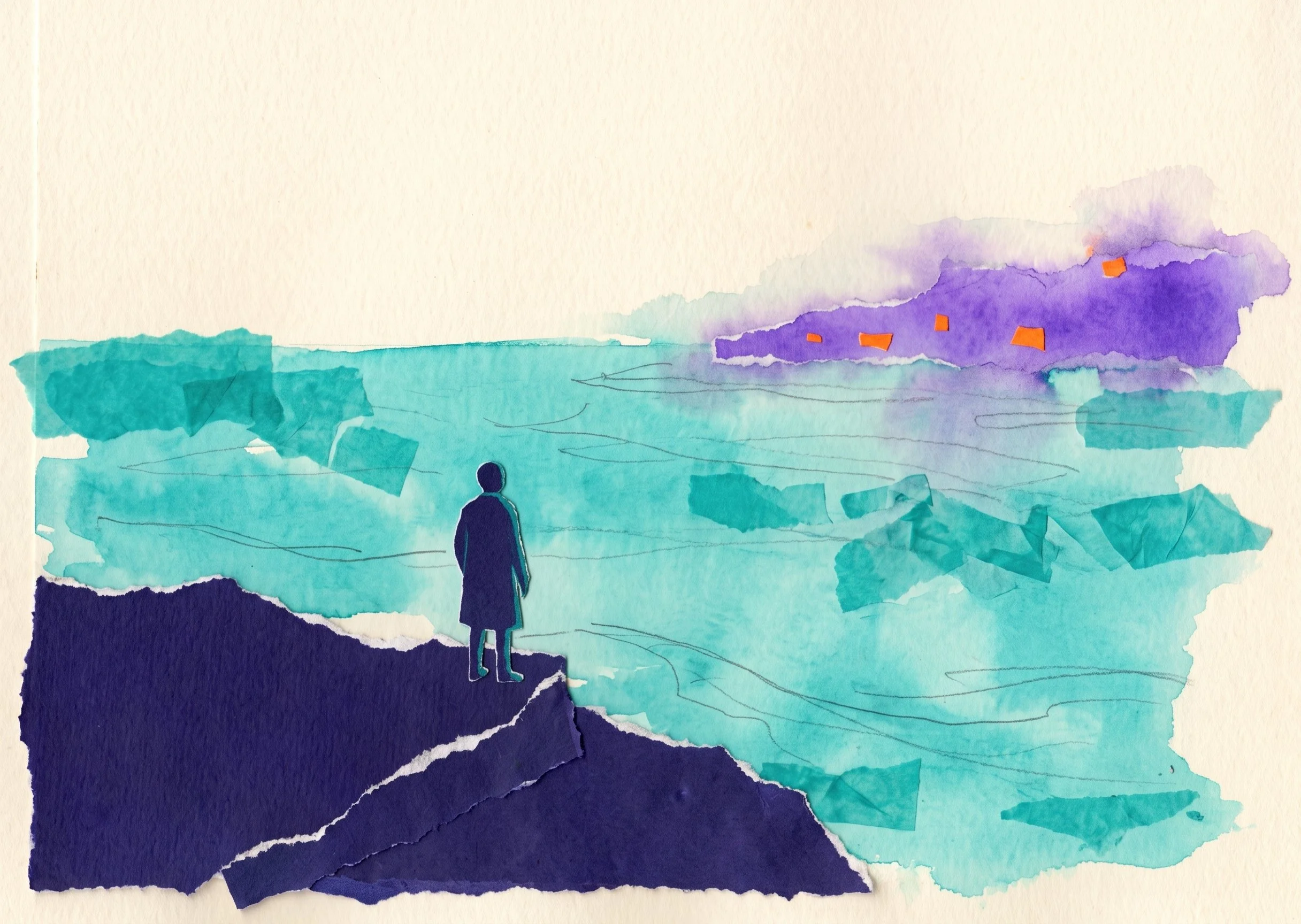 Watercolor of a figure on a dark cliff edge, looking across open teal water toward a distant shore with warm lights