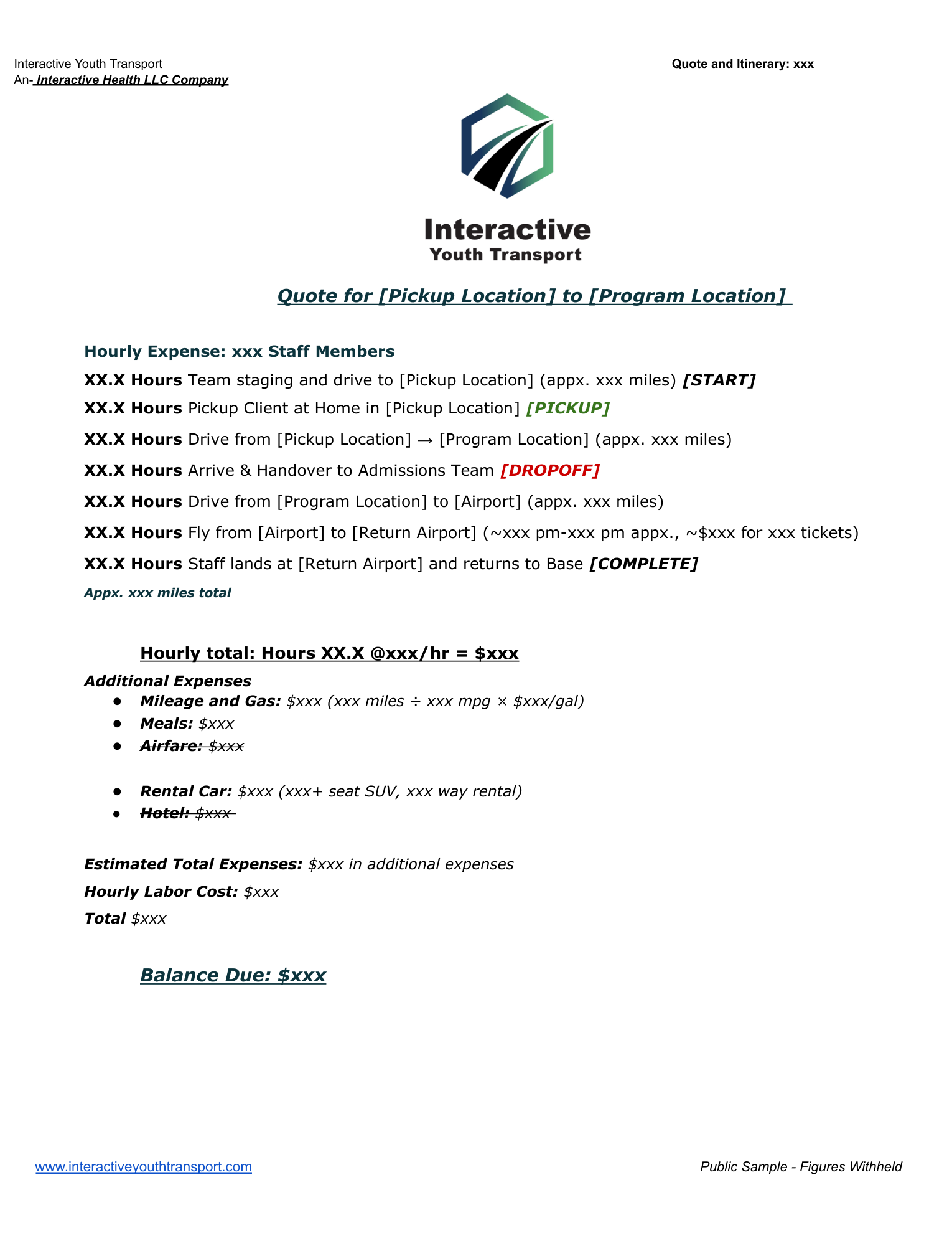 Sanitized example of an itemized therapeutic transport quote and treatment transport itinerary