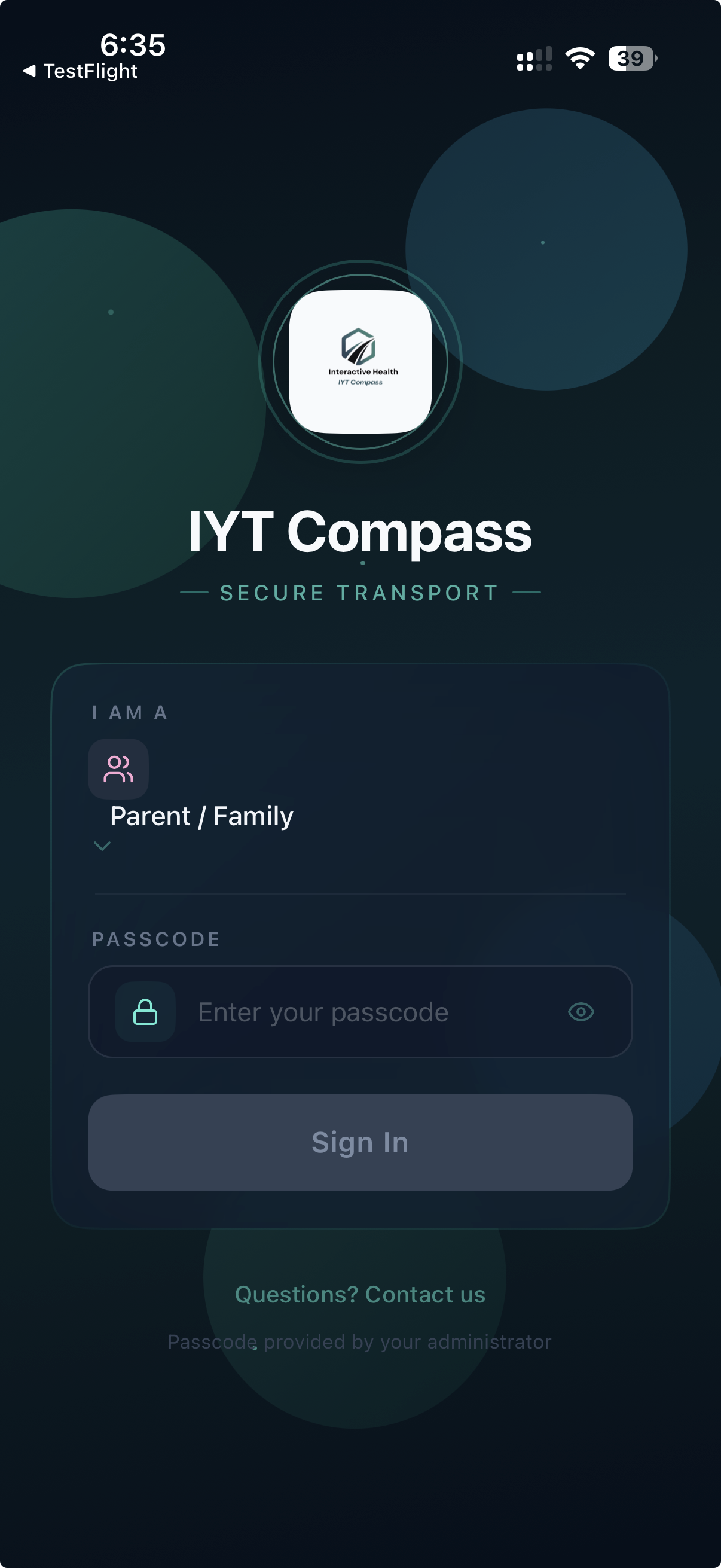 Mobile app login screen for YYT Compass by Interactive Health, featuring a logo at the top, user type selection as Parent/Family, a passcode entry field, and a 'Sign In' button.