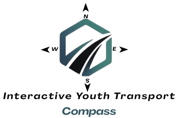 Logo for Interactive Youth Transport Compass featuring a stylized road and a hexagon shape.