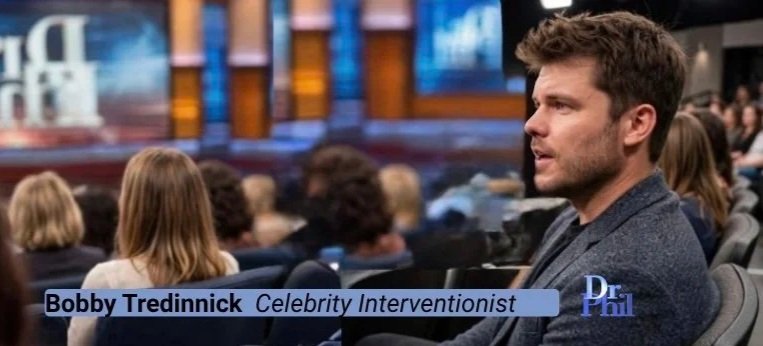 Man seated in audience at a TV show, with a caption identifying him as Bobby Tredinnick, a celebrity interventionist, on a stage with an audience in the background.
