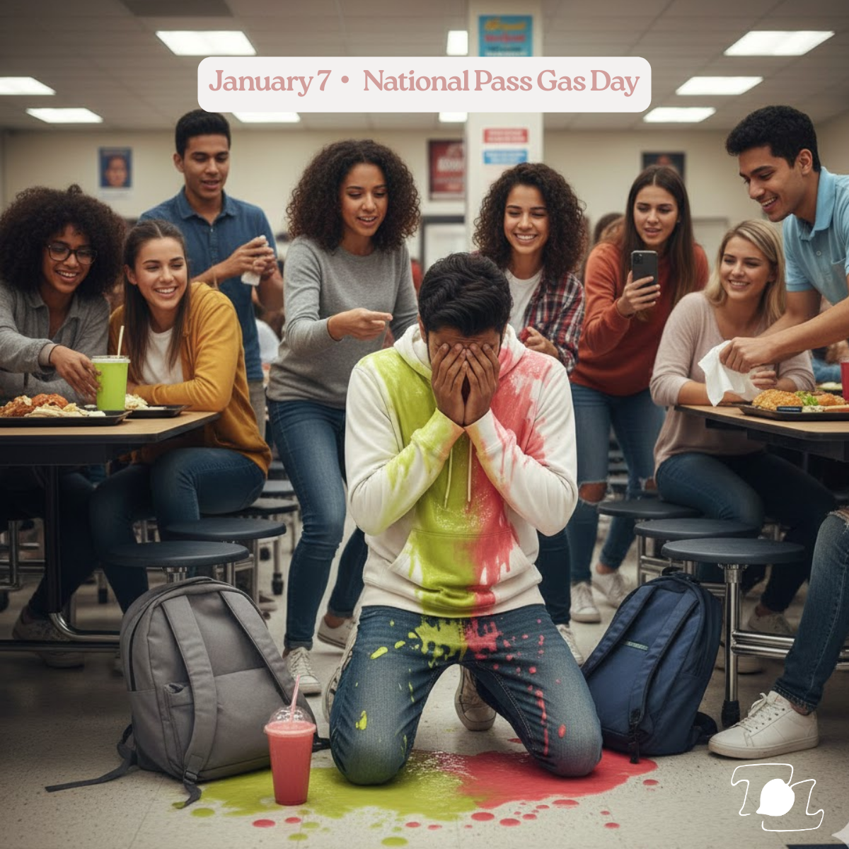 A young man kneeling on the floor with his face in his hands, covered in colorful powder and surrounded by a group of young people celebrating National Pass Gas Day on January 7, in a cafeteria. The group is smiling and some are taking photos.