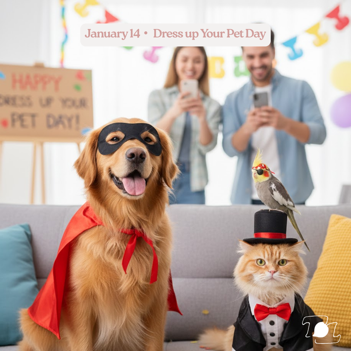 A golden retriever wearing a black mask and red cape, sitting on a couch with a happy expression. Beside it is a fluffy cat in a tuxedo with a red bow tie and a top hat, with a bird on its head wearing sunglasses and a red band. In the background, a couple is smiling and taking photos at a pet-themed event decorated with balloons and a sign that reads 'Happy Valentine's Day!'