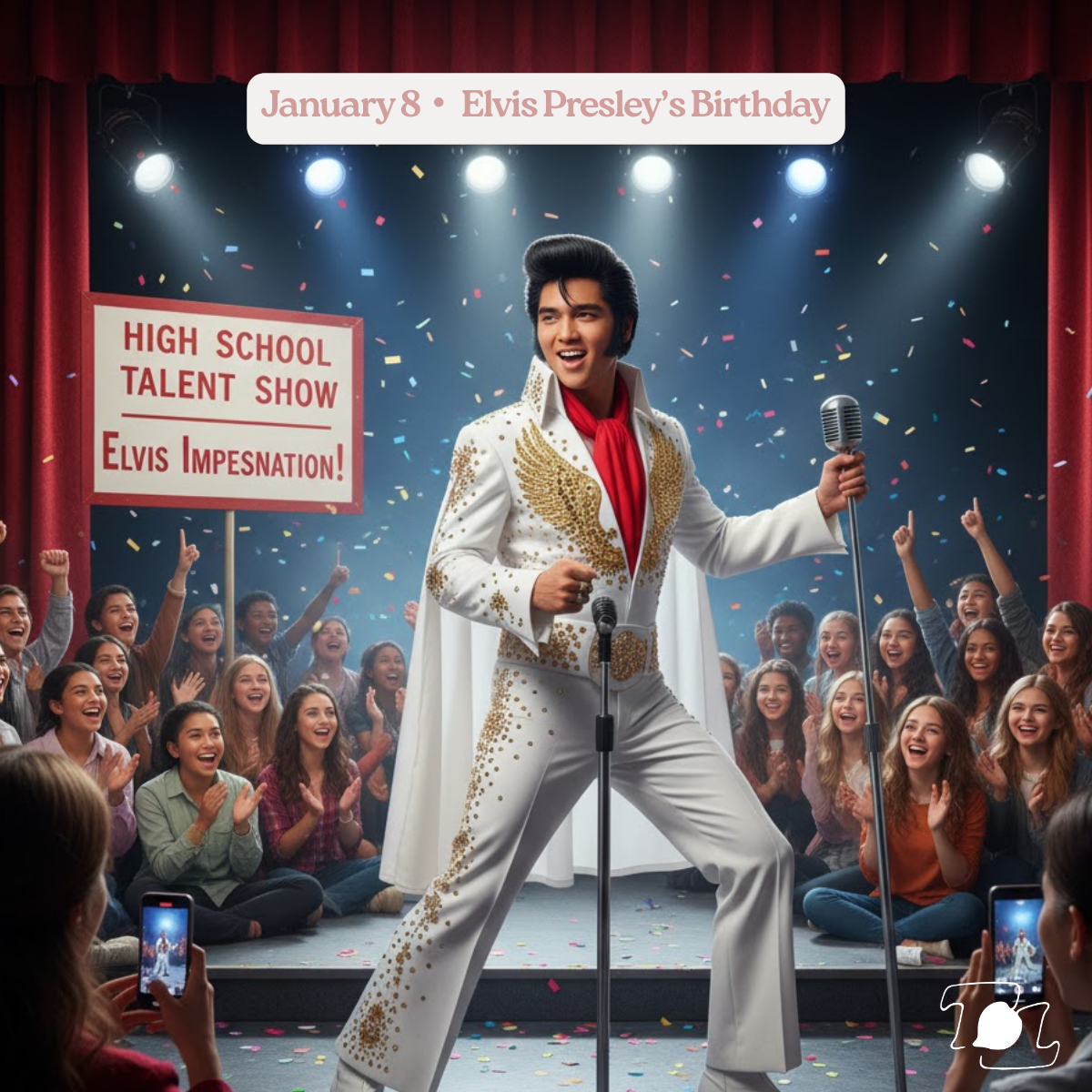 Elvis impersonator performing on stage at a high school talent show, dressed in a white jumpsuit with gold embellishments, holding a microphone, with a cheering audience of students and a sign in the background that reads 'High School Talent Show Elvis Impersonation!'