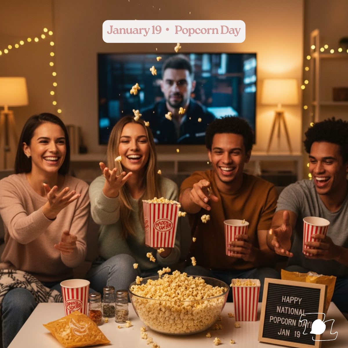 Group of four friends laughing and throwing popcorn during a movie night in a cozy living room decorated with string lights, popcorn, and drinks, celebrating National Popcorn Day on January 19.