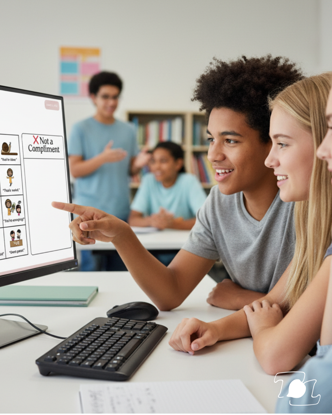 Group of students in a classroom engaging in a lesson about American Sign Language, with a whiteboard displaying sign language gestures and their meanings.
