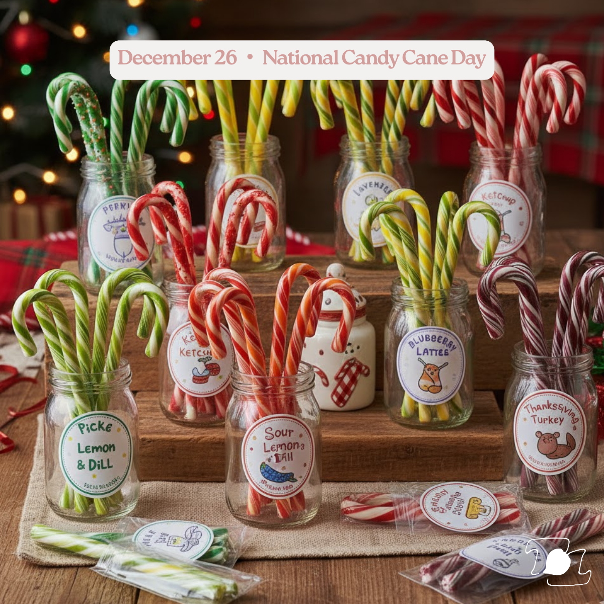 Assorted flavored candy canes in small jars labeled with fun names like Lemon & Dill, Sour Lemon, Blueberry Latte, and Thanksgiving Turkey, displayed on a wooden table with festive decorations.