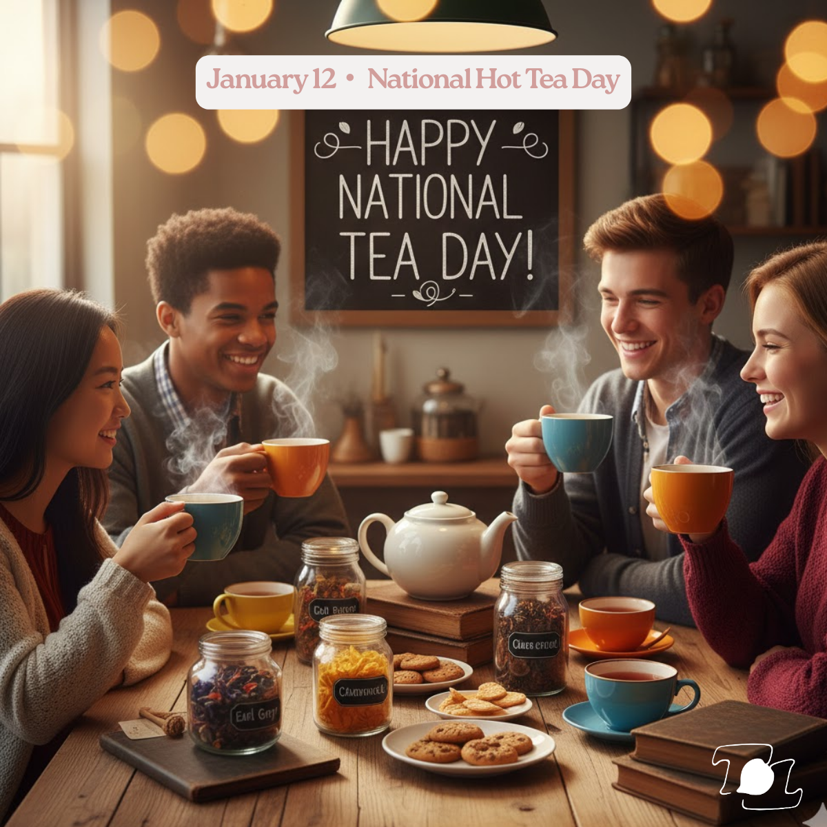A group of five young adults smiling and enjoying hot tea around a wooden table with cookies and jars. A blackboard in the background reads 'Happy National Tea Day,' and a sign at the top announces 'January 12 - National Hot Tea Day.'