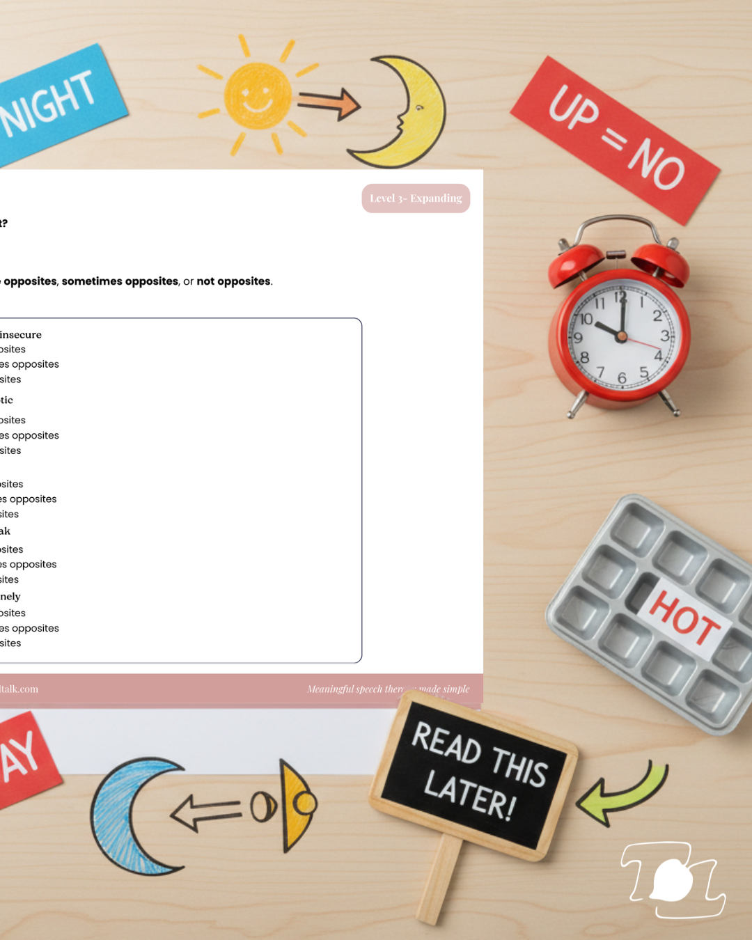 Educational diagram showing the concept of night and day, with images of a smiling sun and crescent moon, and text indicating up equals no, with a red alarm clock and a hot food tray nearby.