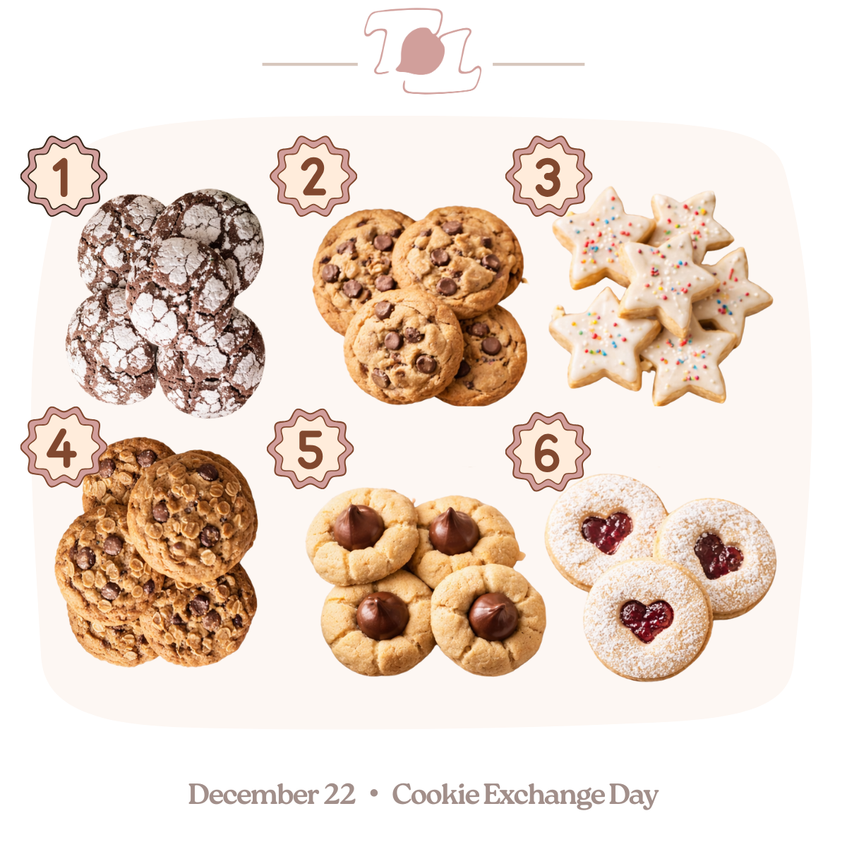 Six different cookies labeled 1 through 6, with a date of December 22 and Cookie Exchange Day written below.