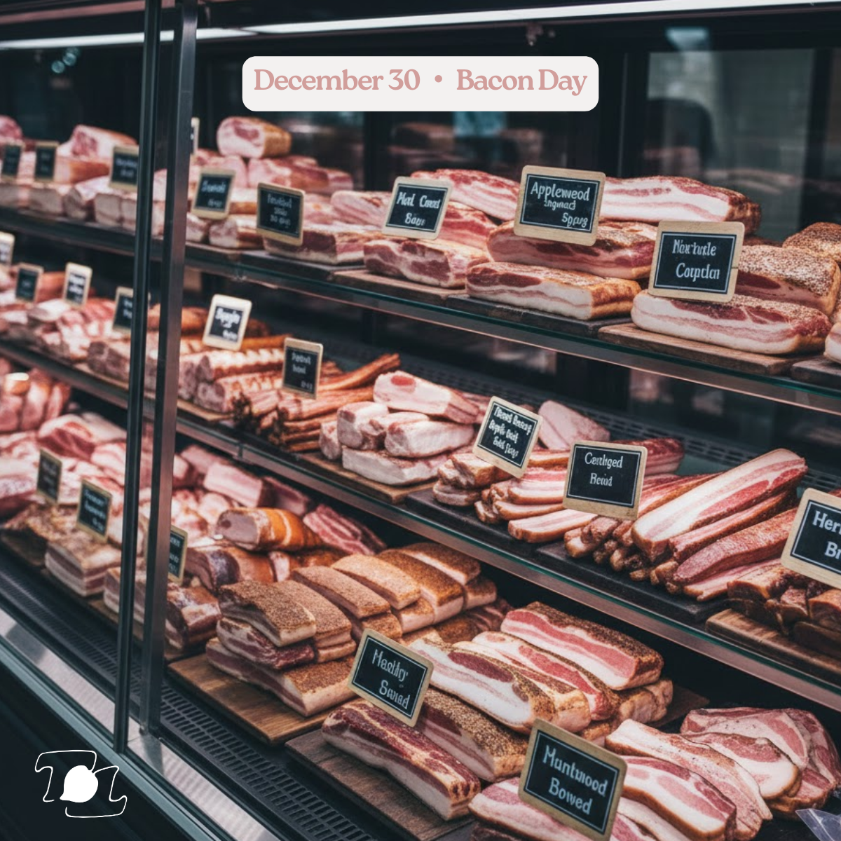Display case with various cuts of bacon labeled with tags such as 'Applewood Smoked', 'Nortlake Copland', 'Centergy Bacon', 'Mantwood Bowed', and 'Healthy Squard'. A sign on top reads 'December 30 · Bacon Day'.