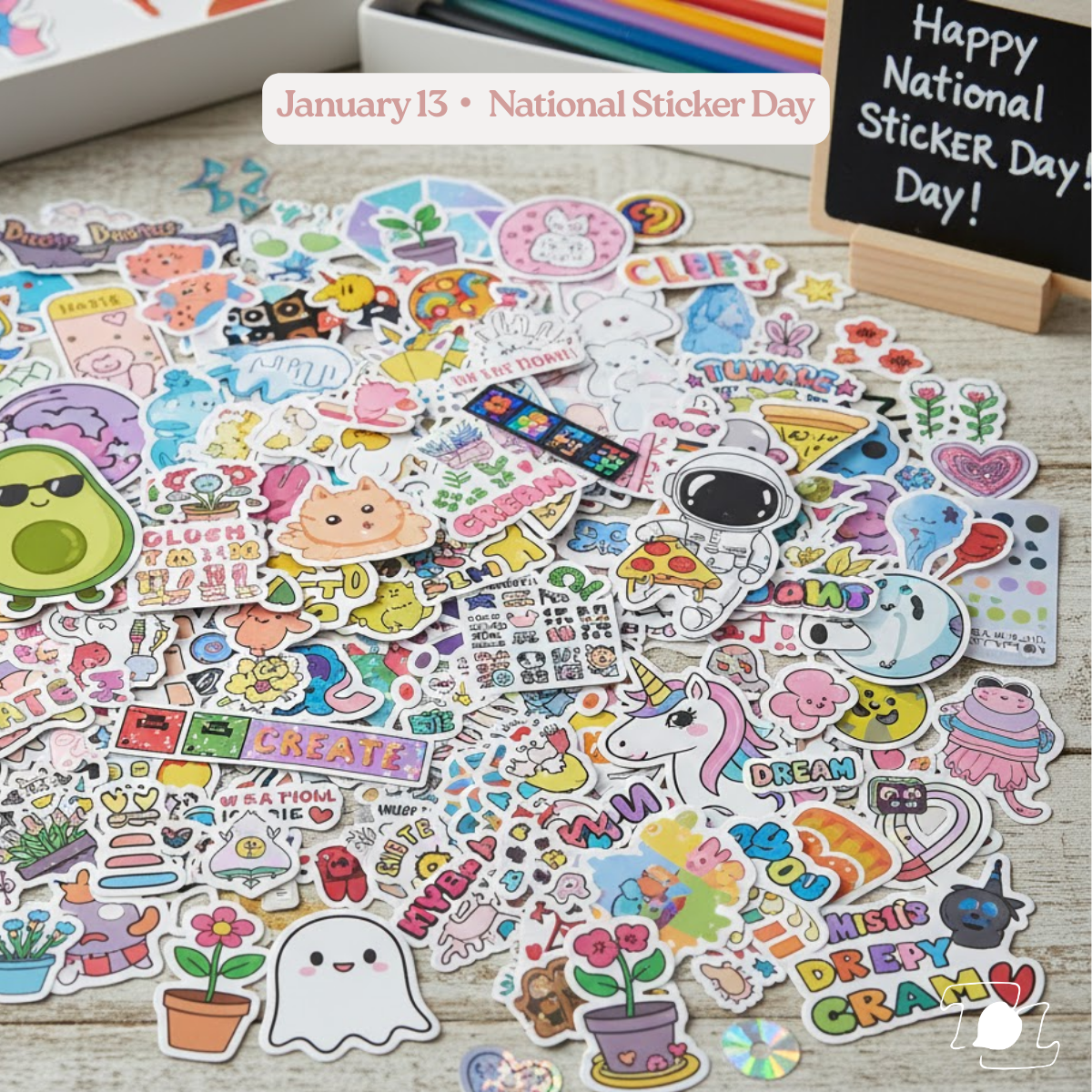 A collection of colorful stickers on a table, with a small chalkboard sign reading 'Happy National Sticker Day!' and a box of colored pencils in the background.