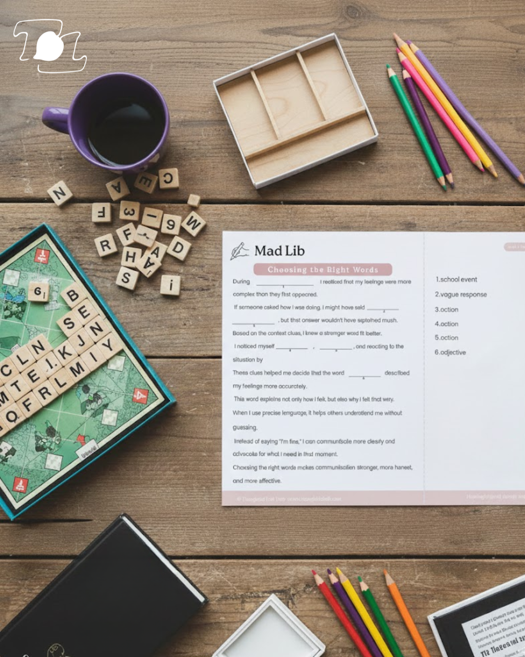 A desk with a purple coffee mug, wooden letter tiles, colored pencils, a game of Scrabble, a board game, a notepad, and a worksheet titled 'Mad Lib' for practicing word choices.