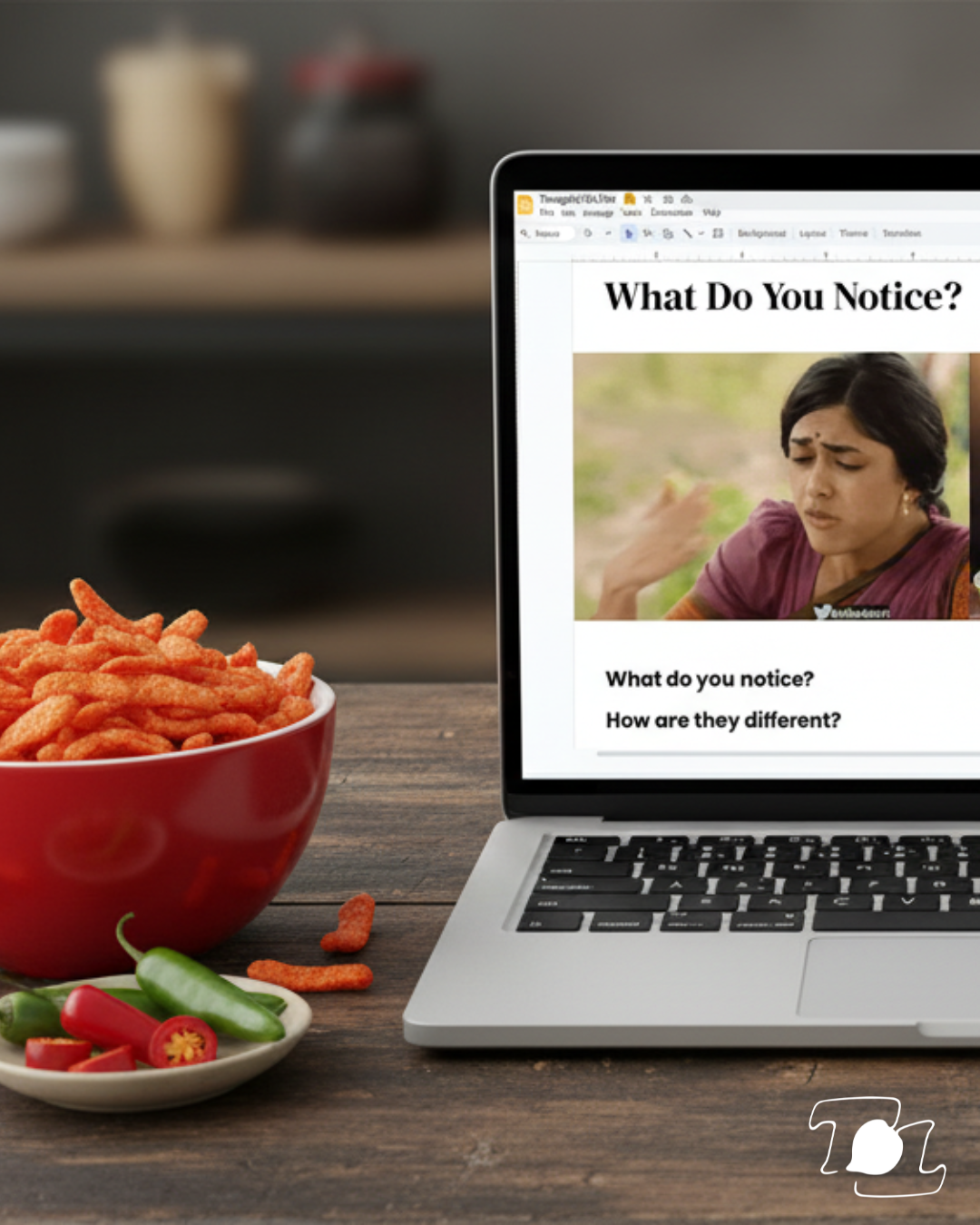 A laptop on a wooden table displays a quiz question asking 'What Do You Notice?' with an image of a woman with a concerned expression. To the left, a red bowl of snacks and a small plate of sliced red and green chili peppers are visible.