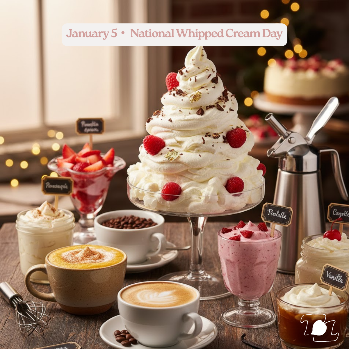 Selection of various desserts on a table, including a large whipped cream dessert topped with raspberries, strawberries, and chocolate shavings in the center; smaller cups of pudding, mousse, and coffee drinks around it; a bowl of strawberries; a small cup of coffee beans; and a chocolate siphon, with a blurred background of holiday lights and a cake, celebrating National Whipped Cream Day on January 5.