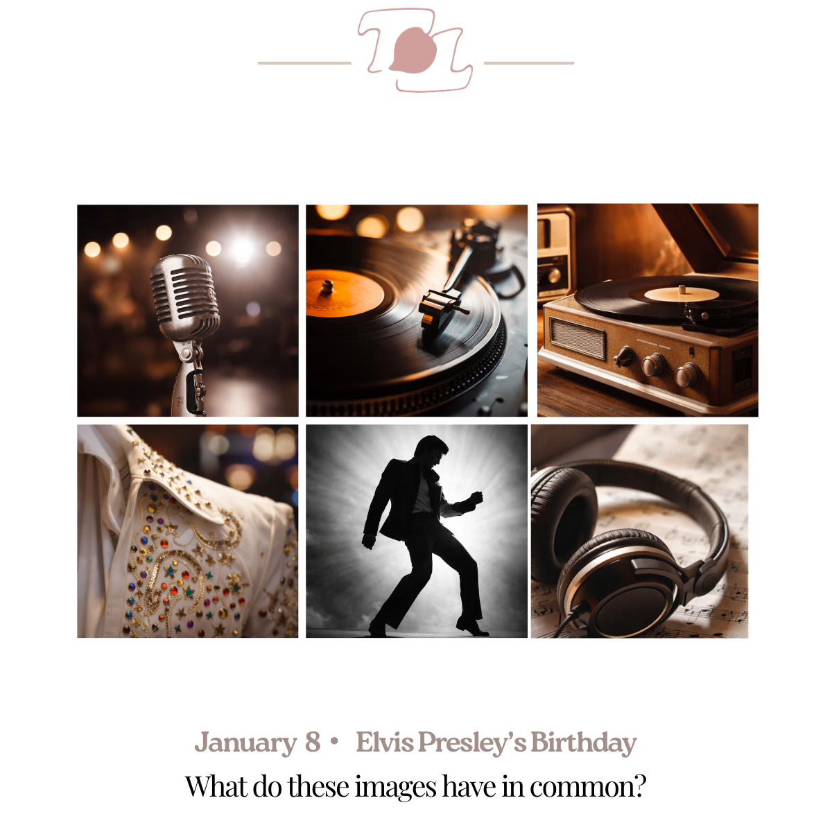 A collage of vintage and performance music elements including a retro microphone, a spinning vinyl record on a turntable, a vintage radio with a record player, an ornate dress with embroidery, a silhouette of a dancing man, and a pair of black headphones on sheet music, celebrating Elvis Presley's birthday on January 8.