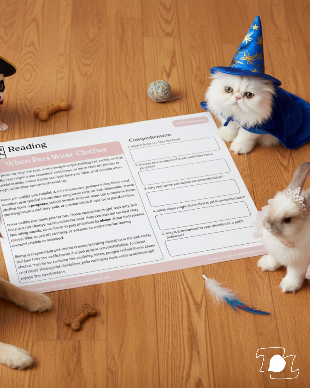 Three white cats dressed in costumes around a sheet of paper on a wooden floor, with two bones and a ball toy nearby.
