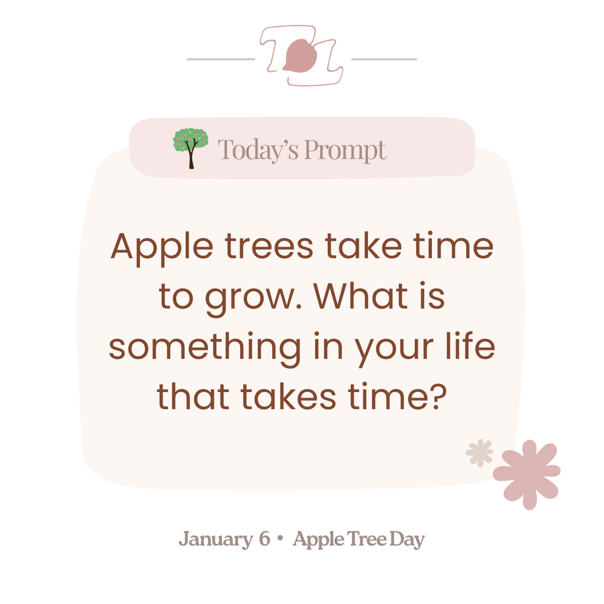 A quote about growth and patience attributed to Apple Tree Day, January 6, with a small tree icon and floral decorations.