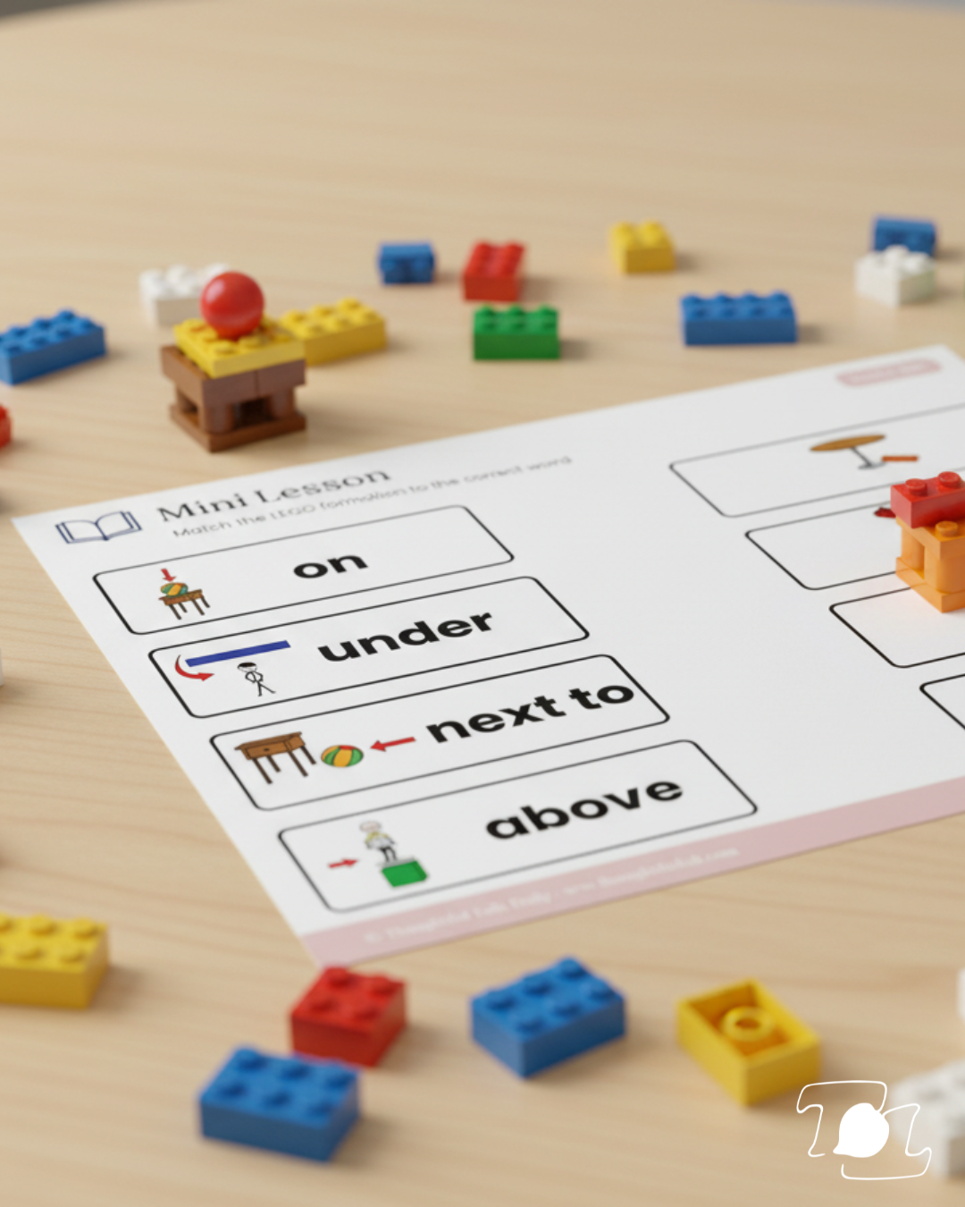 Educational worksheet on prepositions with small LEGO bricks scattered on a wooden table.