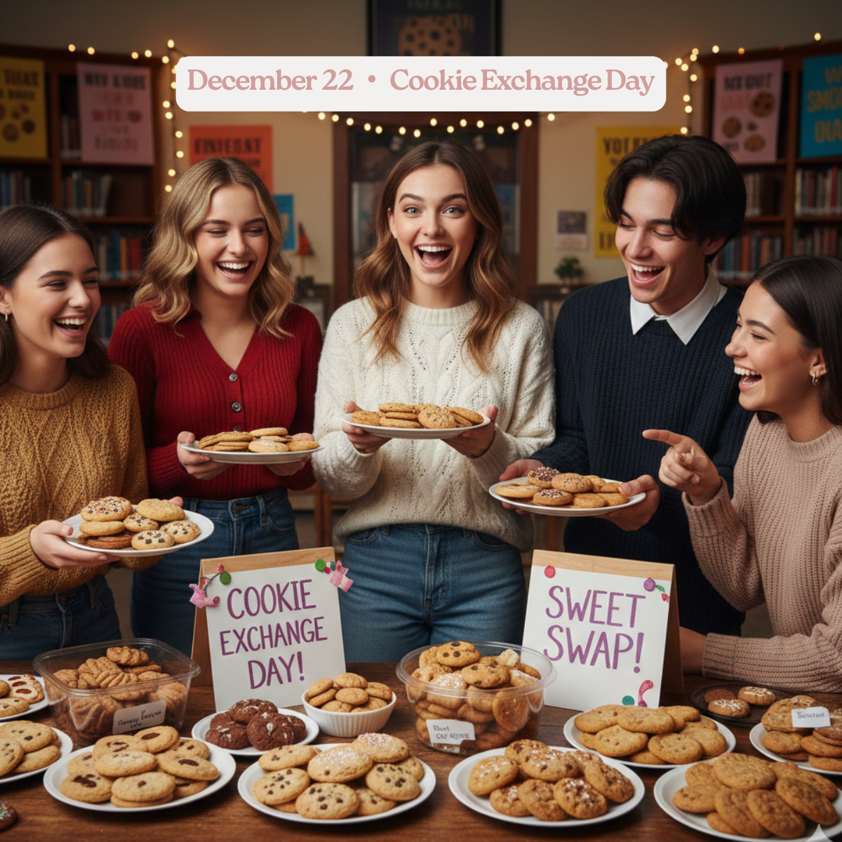 Group of five young people smiling and holding plates of cookies at a cookie exchange event, with signs reading 'Cookie Exchange Day' and 'Sweet Swap' on the table.