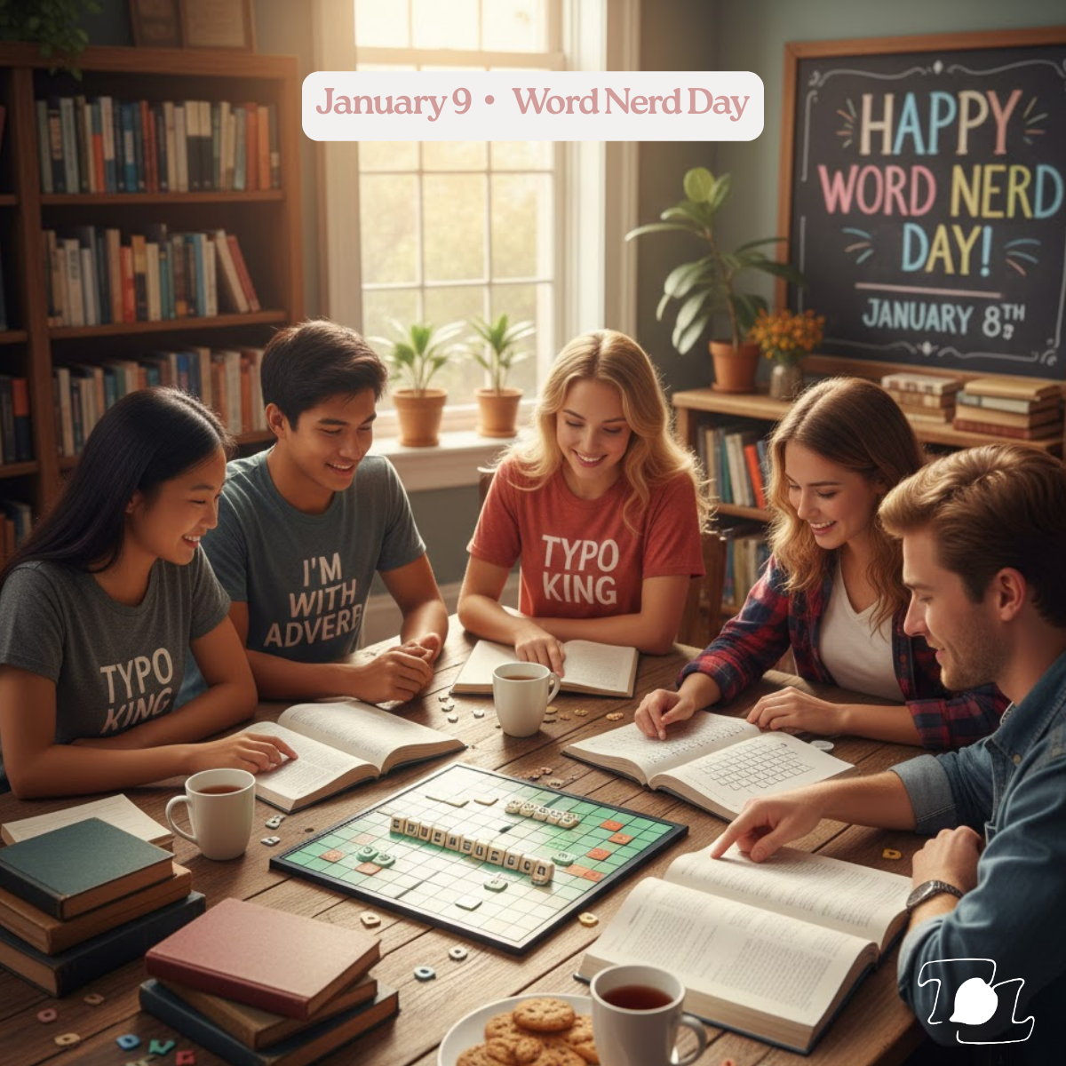 A group of five young people sitting around a table playing Scrabble, reading books, and drinking tea or coffee in a cozy room with sunlight streaming in, celebrating WordNerd Day on January 9th.