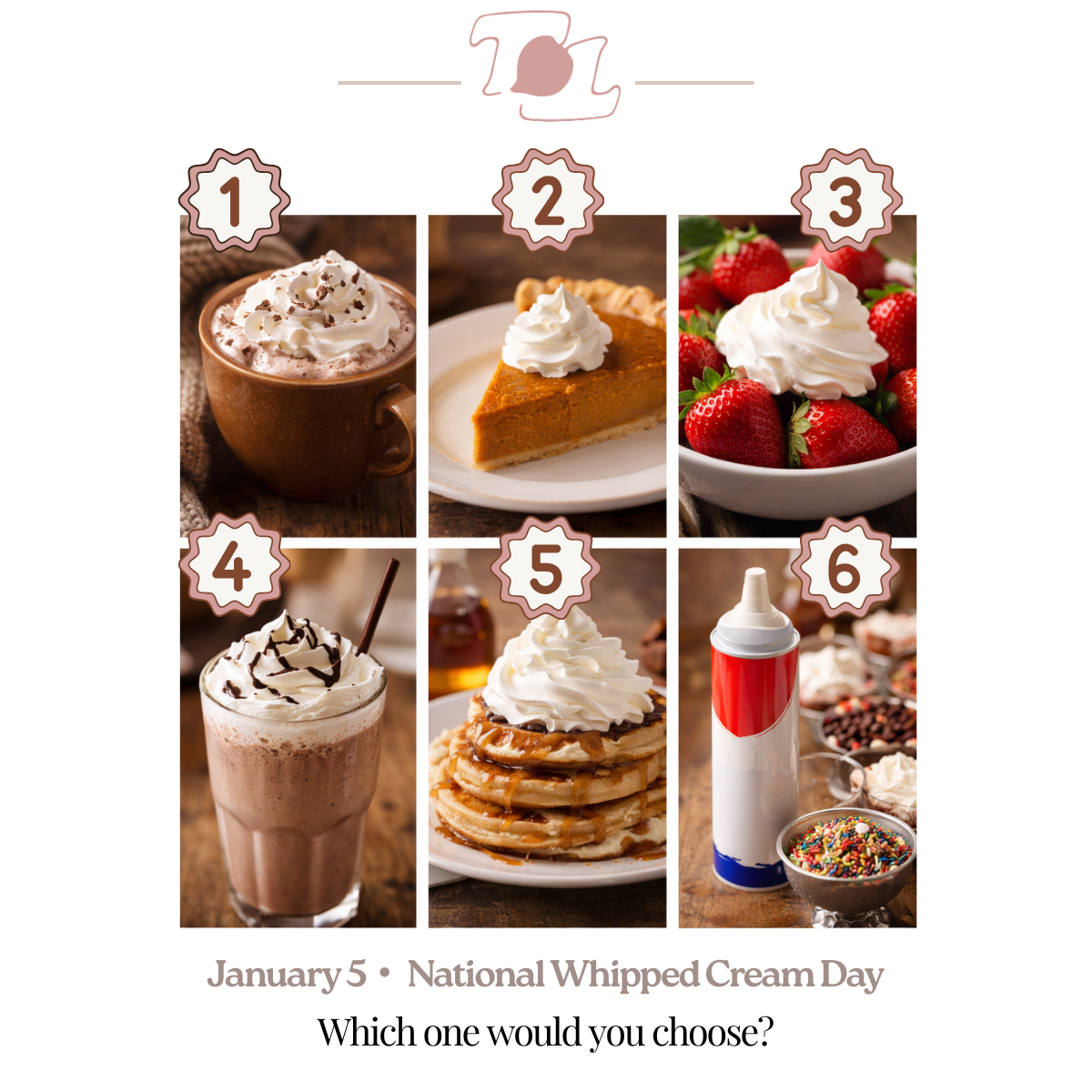 A grid of six images of desserts and toppings for National Whipped Cream Day on January 5. Top row from left to right: hot chocolate with whipped cream, pumpkin pie with whipped cream, bowl of strawberries with whipped cream. Bottom row from left to right: chocolate milkshake with whipped cream, stack of pancakes with whipped cream, container of whipped cream with toppings.