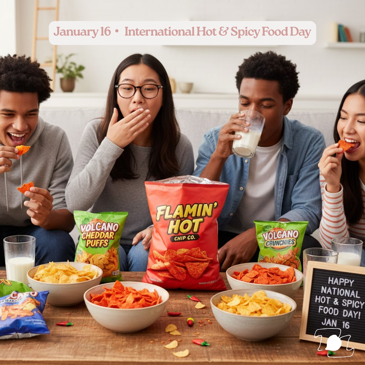 Group of four diverse people enjoying spicy snack foods on January 16, International Hot & Spicy Food Day, with bowls of chips, bags of Flaming Hot, Volcano Cheddar Puffs, and Volcano Conspiracies snacks on a table, along with glasses of milk and a small chalkboard sign celebrating Hot & Spicy Food Day.