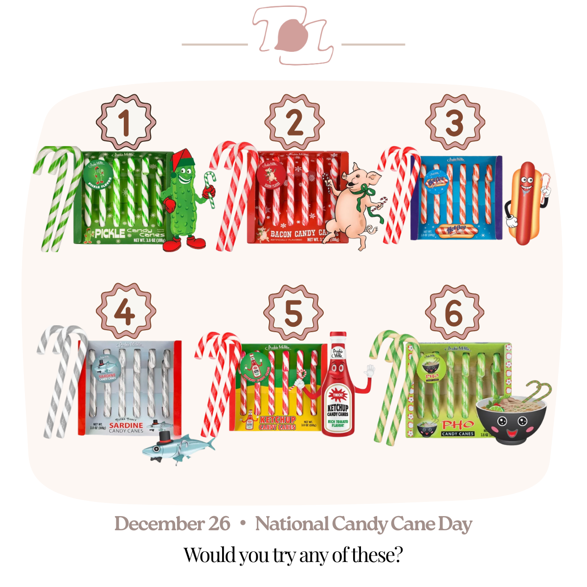 A colorful infographic displaying six different types of candy canes with festive characters and a question asking if you would try any of them, celebrating National Candy Cane Day on December 26.