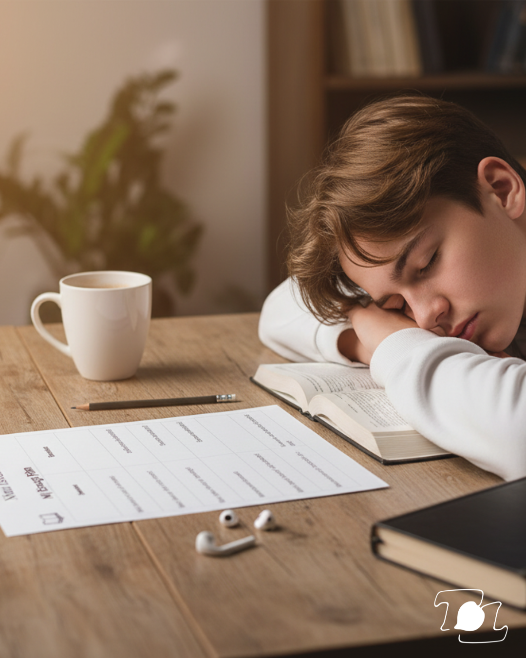 A young person resting their head on their arms at a wooden desk with an open book, a coffee mug, a pencil, a paper with a schedule, and wireless earbuds nearby, looking tired or exhausted.