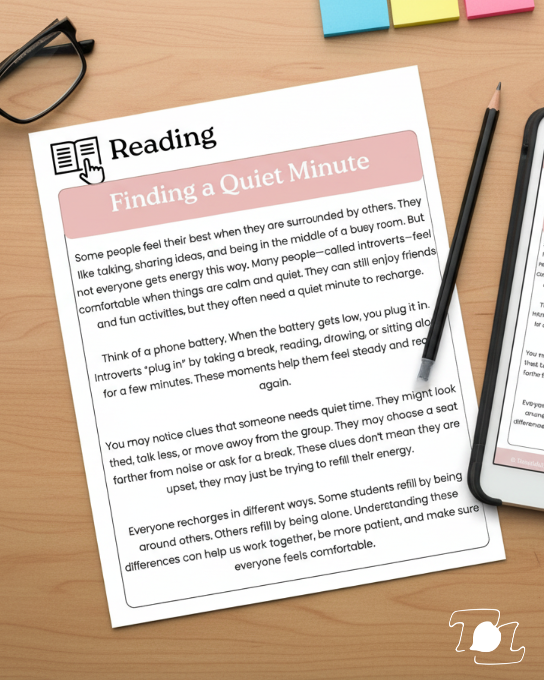 Printable speech therapy reading passage titled “Finding a Quiet Minute,” designed for middle and high school students, shown on a desk with therapy materials.