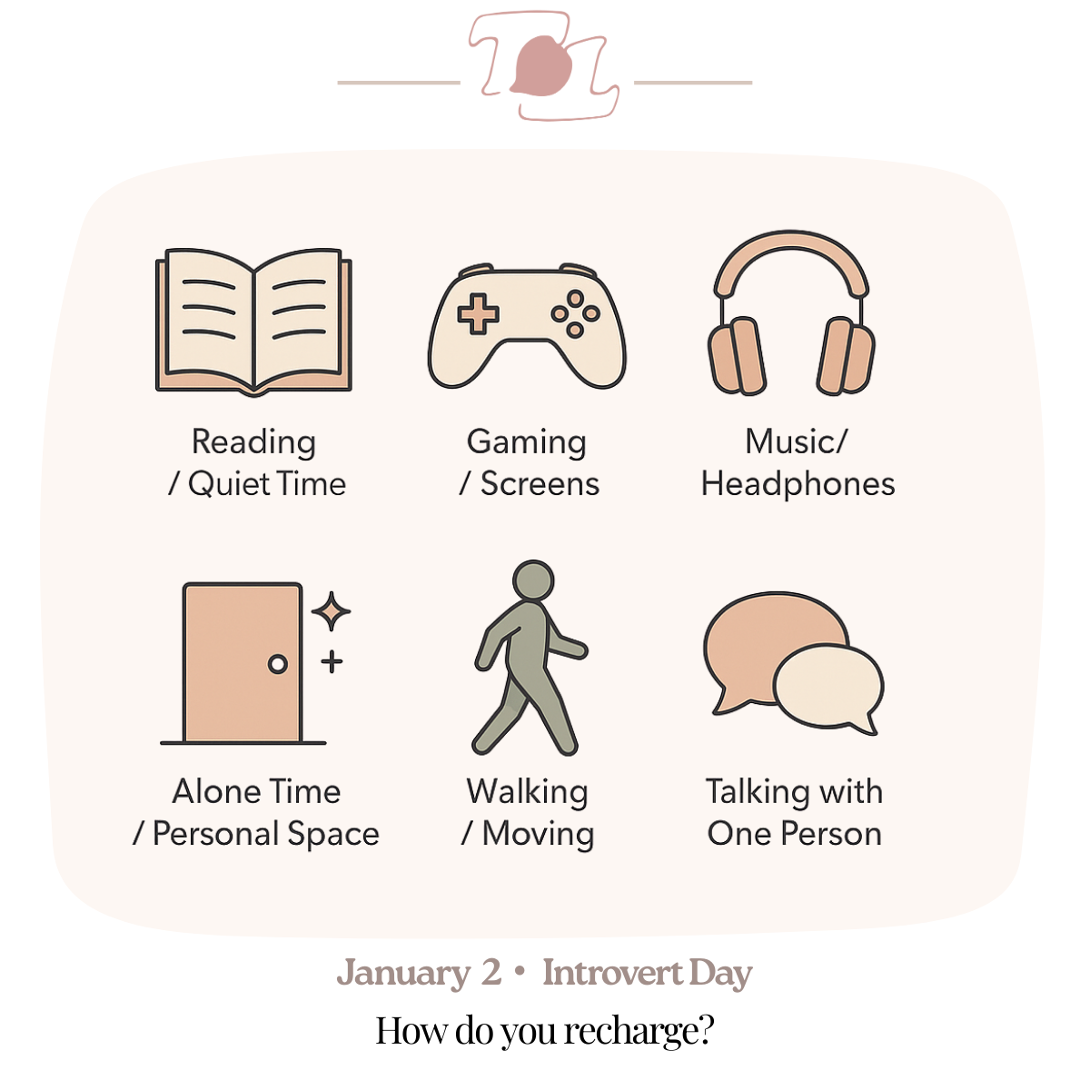 Infographic for January 2, Introvert Day, showing activities like reading, gaming, listening to music with headphones, spending time alone, walking, and talking with one person, with the question 'How do you recharge?'