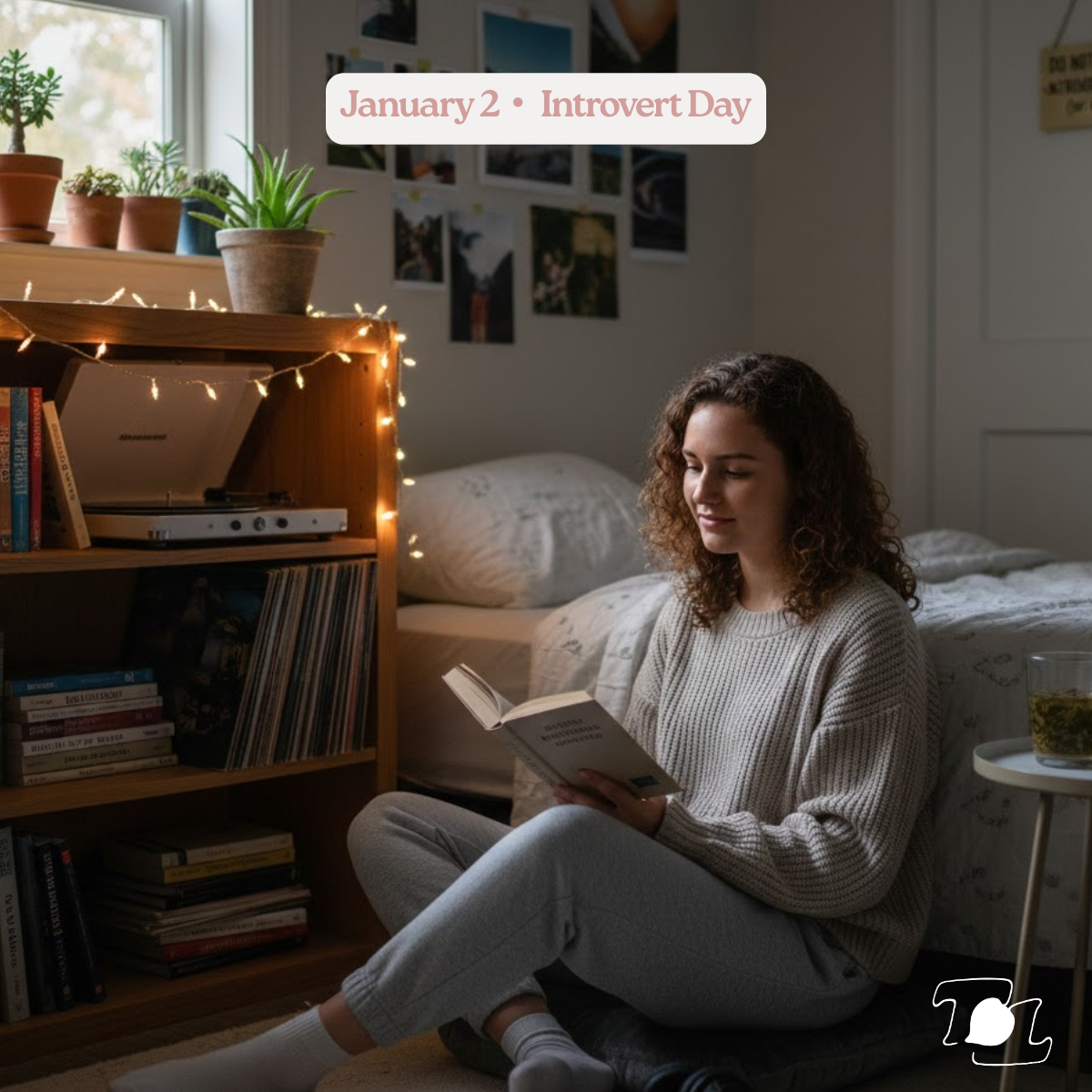A woman sitting on the floor with a book in a cozy bedroom, with fairy lights on a bookshelf and a photo wall in the background, celebrating January 2 as Introvert Day.