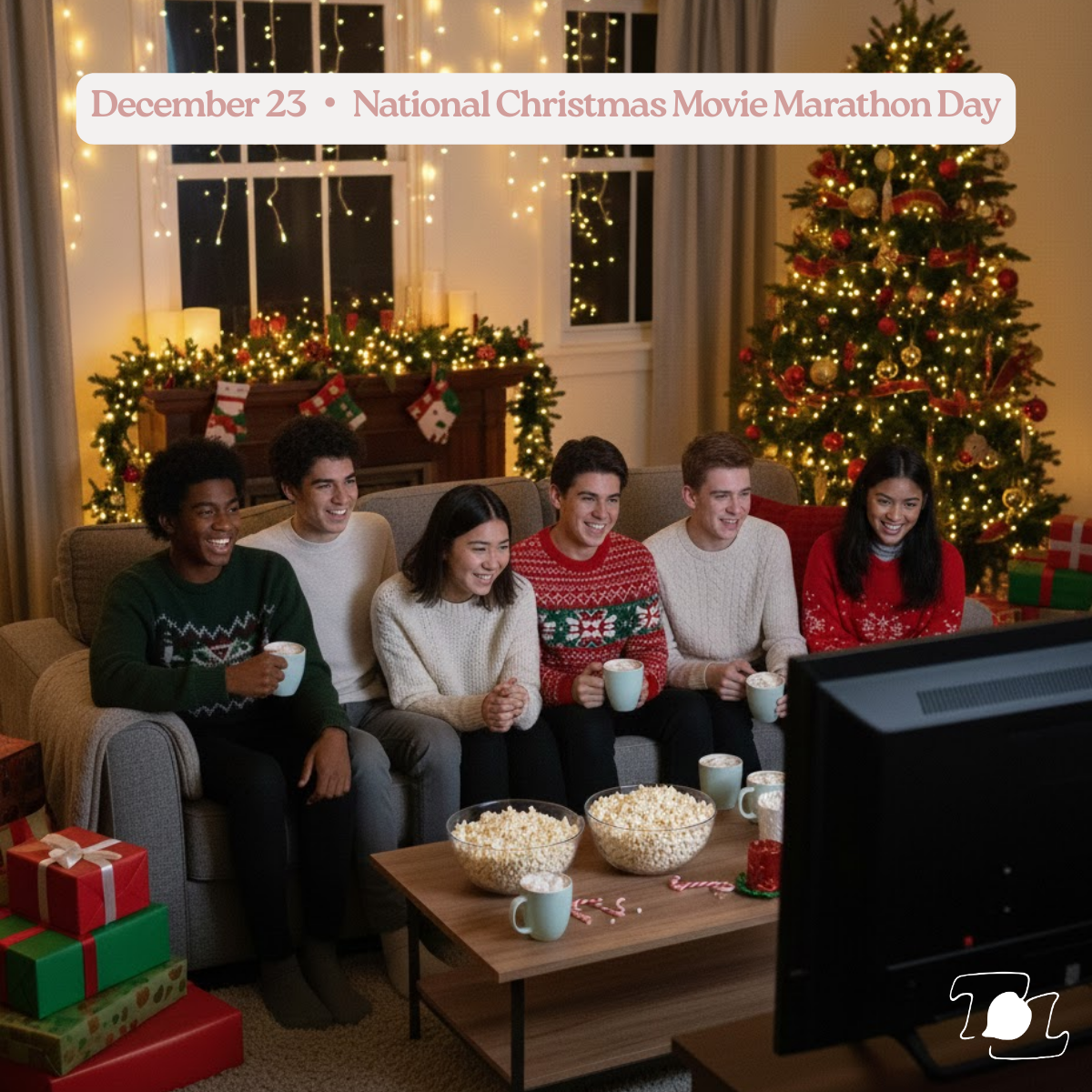 Group of six young adults in Christmas sweaters watching TV, holding mugs of hot cocoa, in a festively decorated living room with a Christmas tree and stockings.