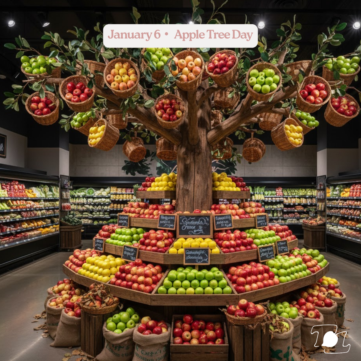 Display of apples in a grocery store, arranged on a tree-shaped display with baskets of apples hanging from the branches, and other apples stacked on tiered shelves with small blackboards showing labels, surrounded by shelves of produce.