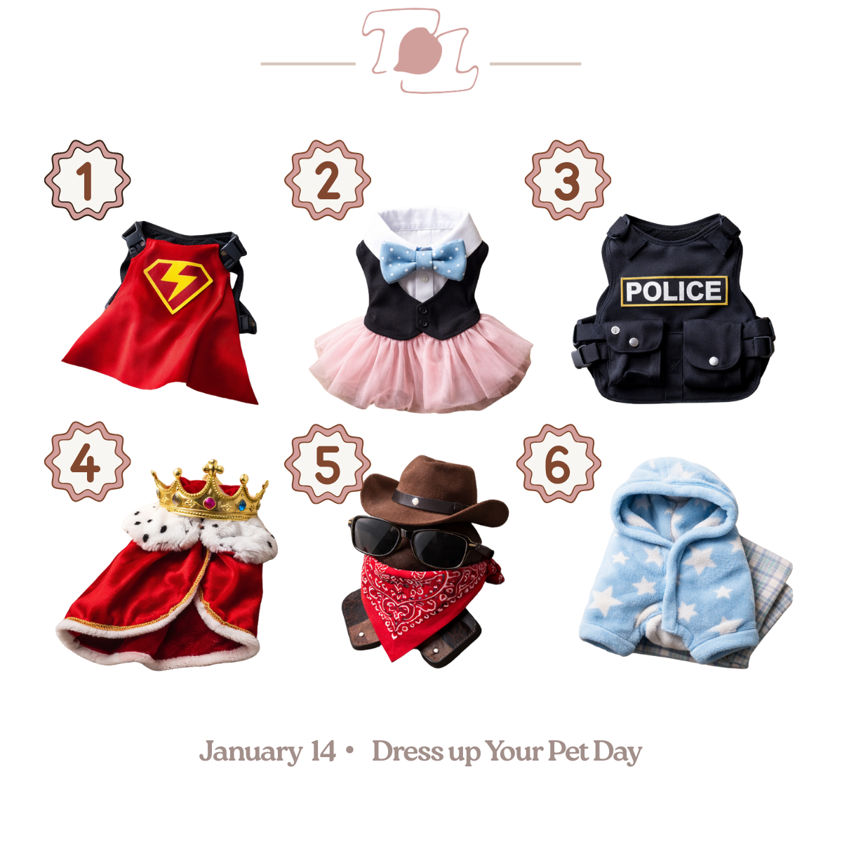Collection of pet costumes and accessories for Dress up Your Pet Day, January 14: superhero cape, pink tutu and black vest with blue polka dot bow tie, police vest, royal cape with crown, cowboy hat with sunglasses and red bandana, and a hooded outfit with star pattern.